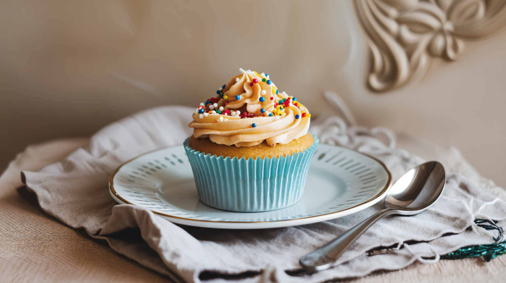 A beautifully decorated cupcake topped with colorful sprinkles, placed on a delicate plate, making for a charming 4K Ultra HD desktop wallpaper and background.
