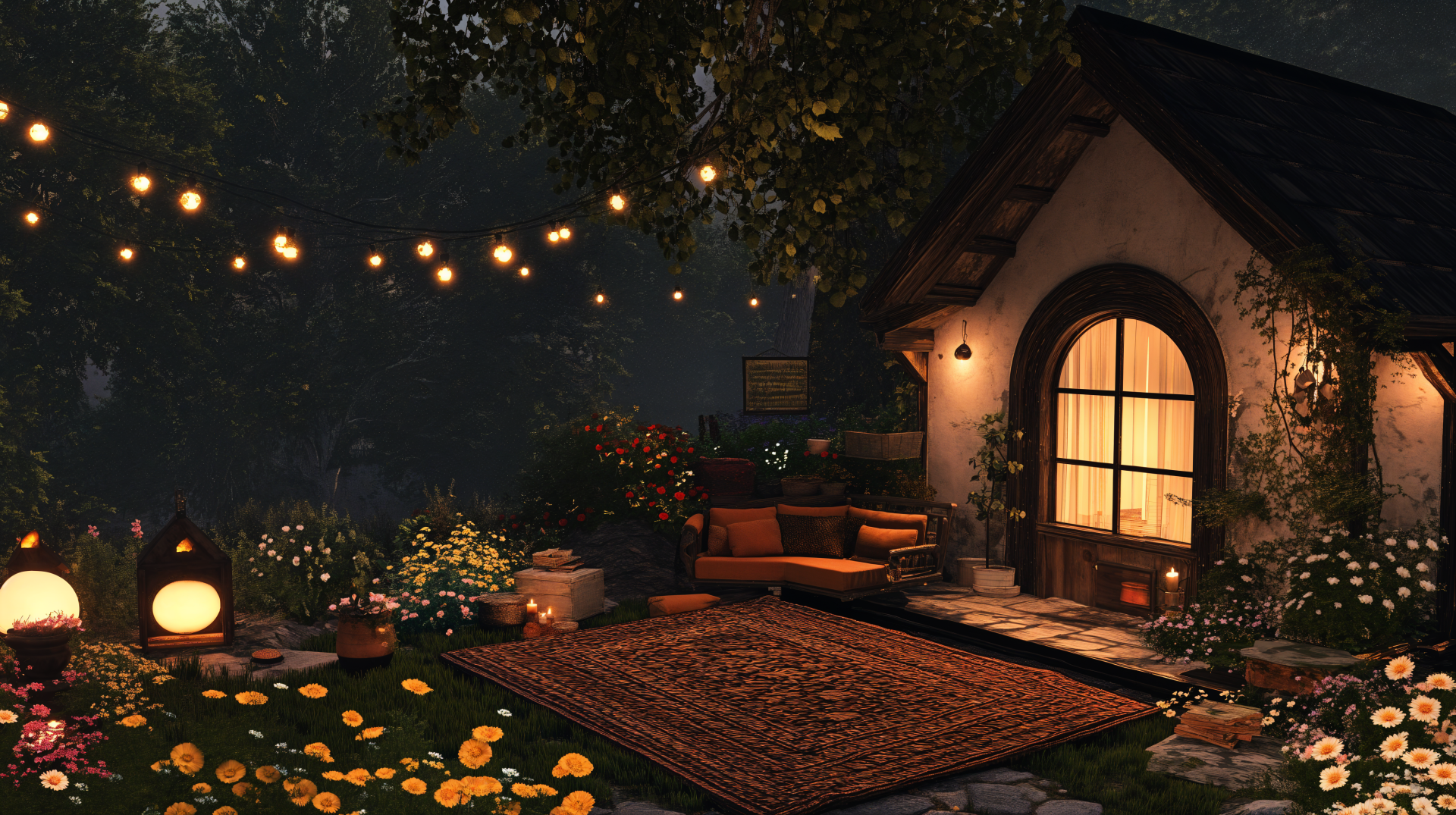 A cozy evening backyard scene featuring a charming cottage with warm light glowing from the windows, surrounded by flowers and illuminated by string lights. 4K Ultra HD wallpaper.