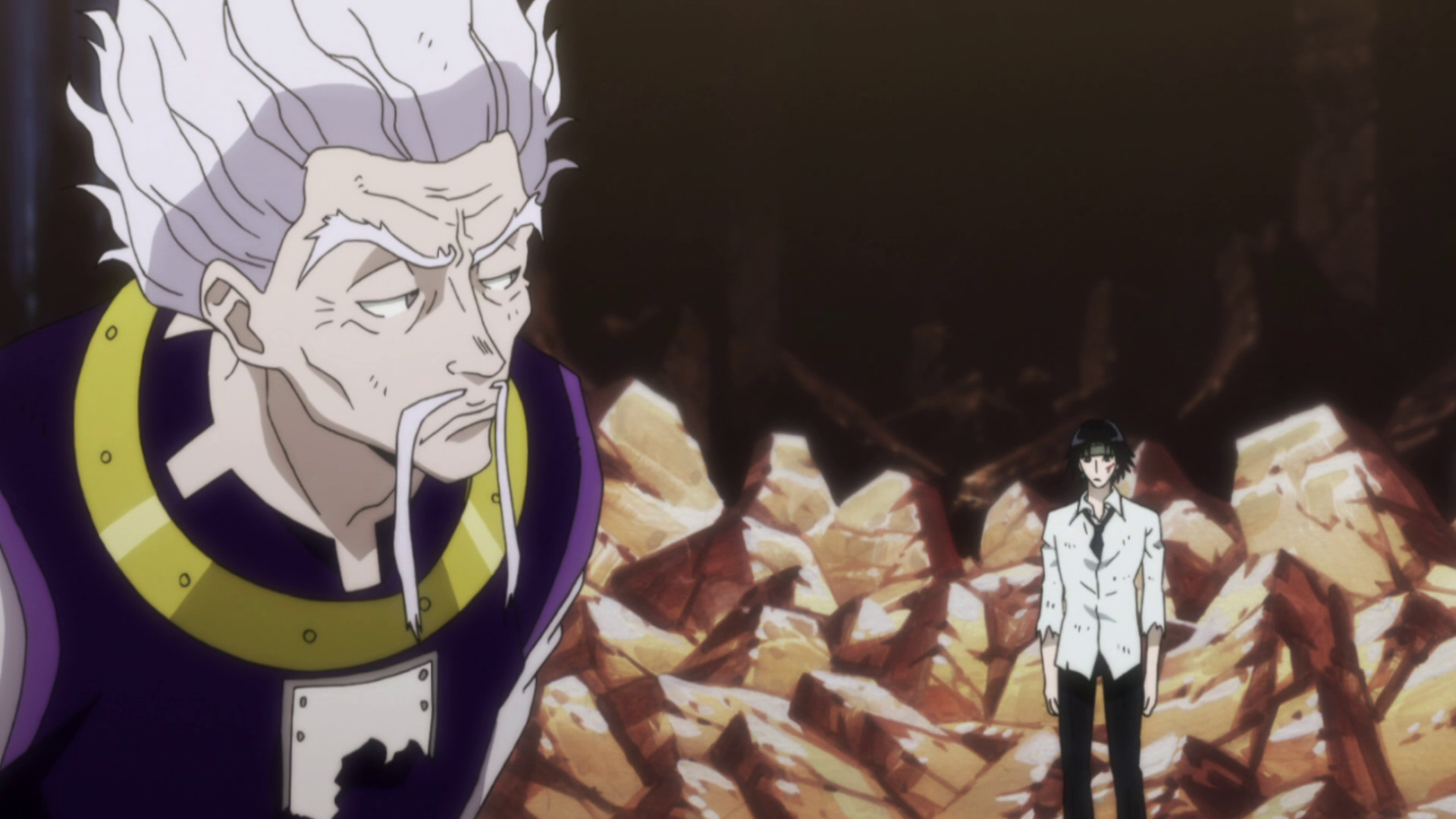A dynamic HD desktop wallpaper featuring characters Zeno Zoldyck and Chrollo Lucilfer from the anime Hunter x Hunter, set against a backdrop of shattered rocks.