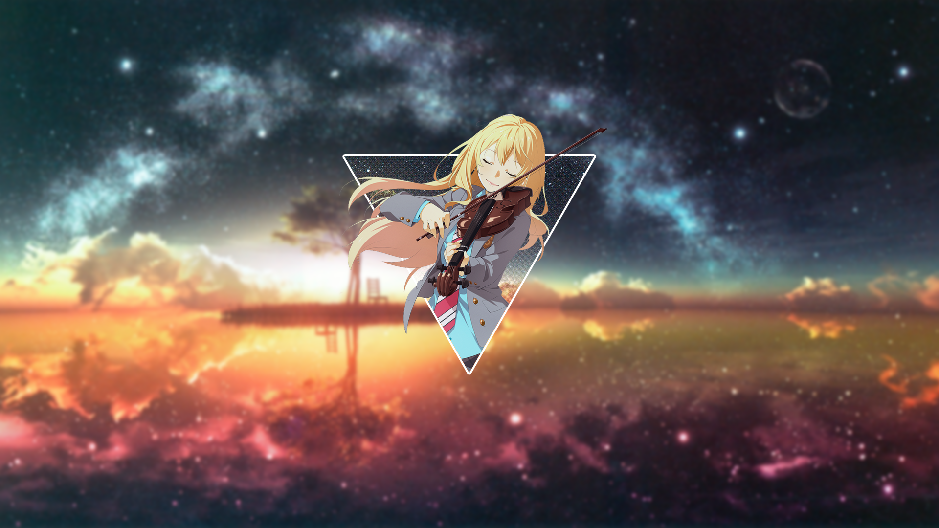 An HD desktop wallpaper featuring Kaori Miyazono from Your Lie in April, set against a cosmic background blending vibrant colors and dreamy clouds.