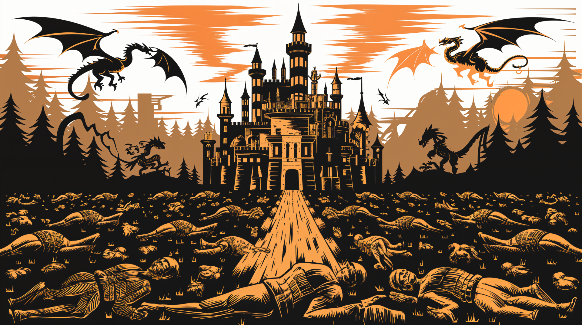 Dark fantasy 4K Ultra HD wallpaper featuring a towering castle under attack by dragons, set against an intense sky with a battlefield strewn with fallen warriors.