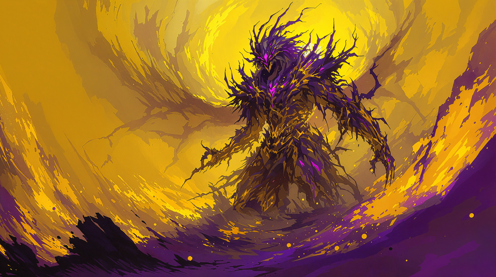 A powerful dark fantasy scene depicts a towering, shadowy figure emerging from vibrant swirls of purple and yellow, creating an immersive 4K Ultra HD desktop wallpaper.