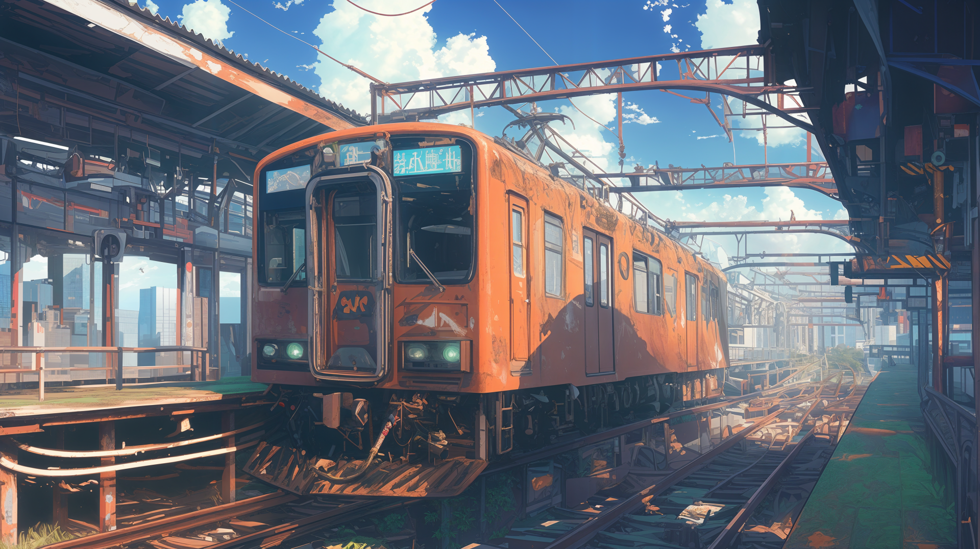 A vibrant anime scene featuring an orange train at a bustling station under a bright blue sky, showcasing detailed artwork in 4K Ultra HD resolution for desktop wallpaper.