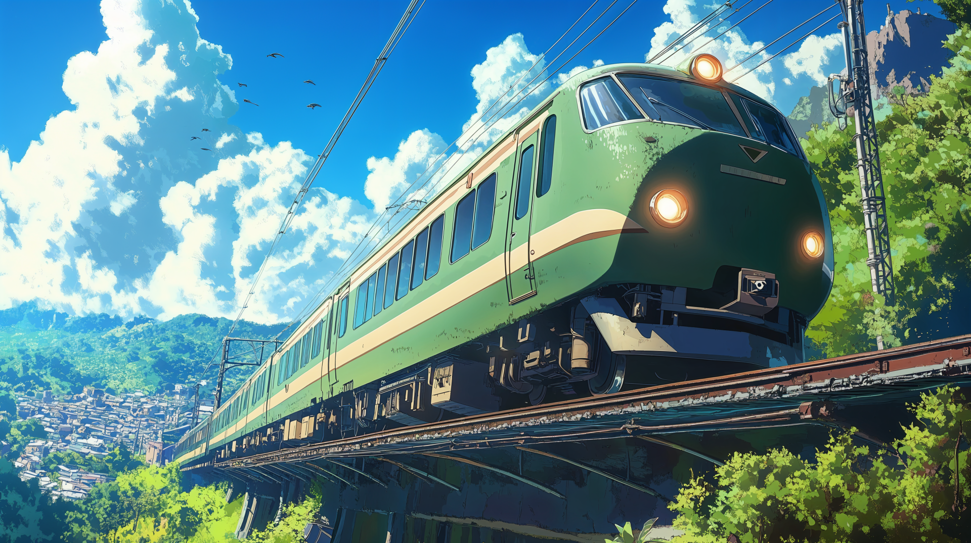 A vibrant anime train travels along elevated tracks, surrounded by lush greenery and bright blue skies, captured in stunning 4K Ultra HD for an immersive desktop wallpaper.