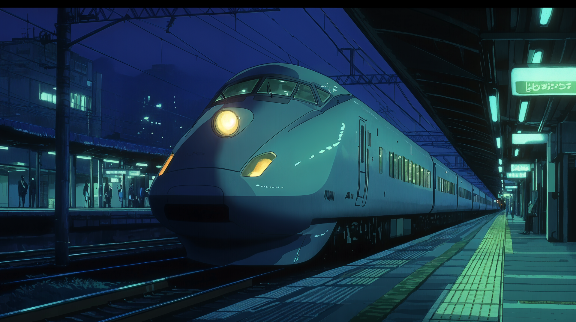 A visually striking 4K Ultra HD anime image of a sleek train at a station, illuminated at night, capturing the essence of modern anime aesthetics.