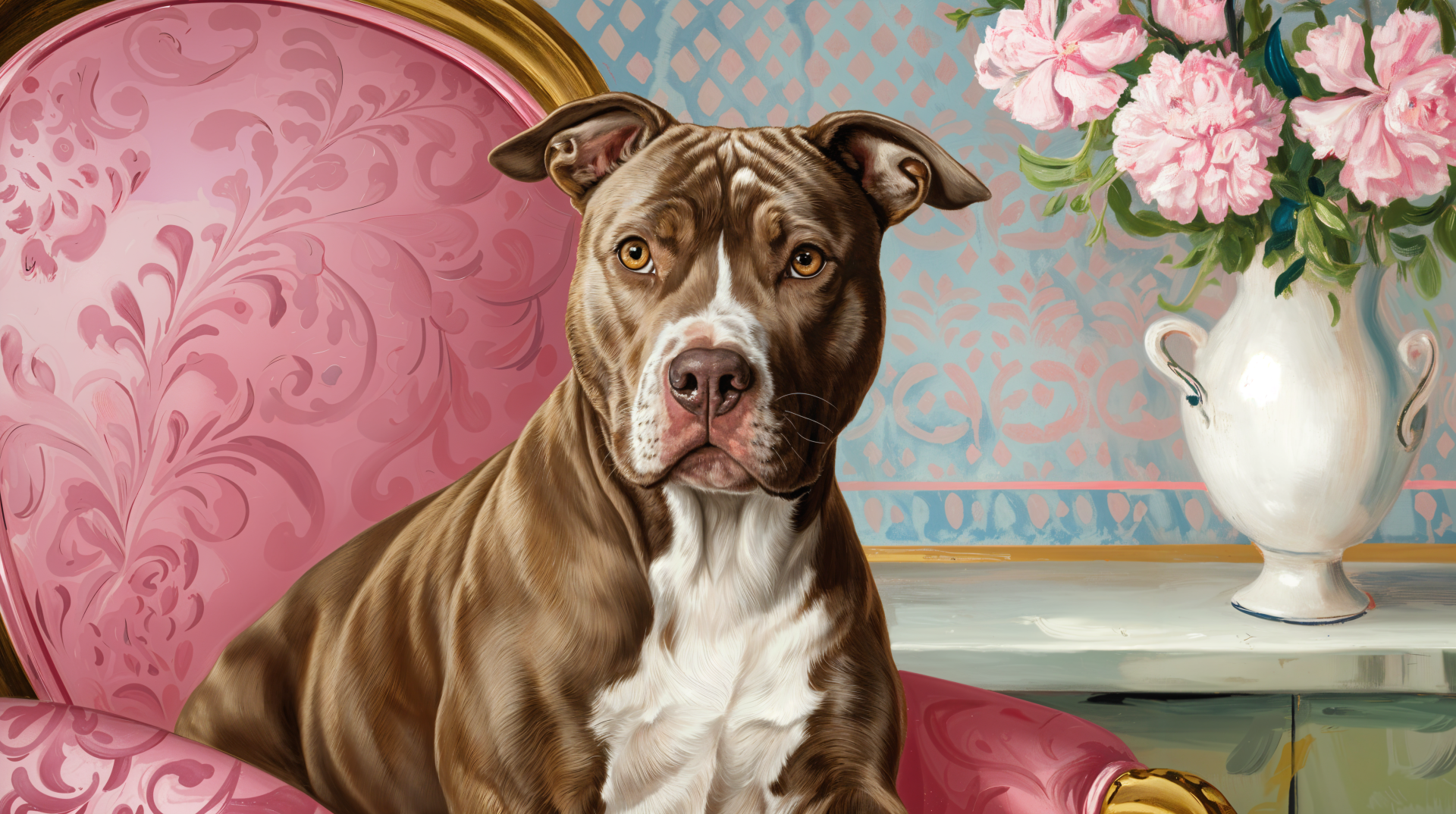 A beautifully rendered pitbull sits elegantly on a pink chair, surrounded by delicate flowers, making for an impressive 4K Ultra HD PC desktop wallpaper and background.