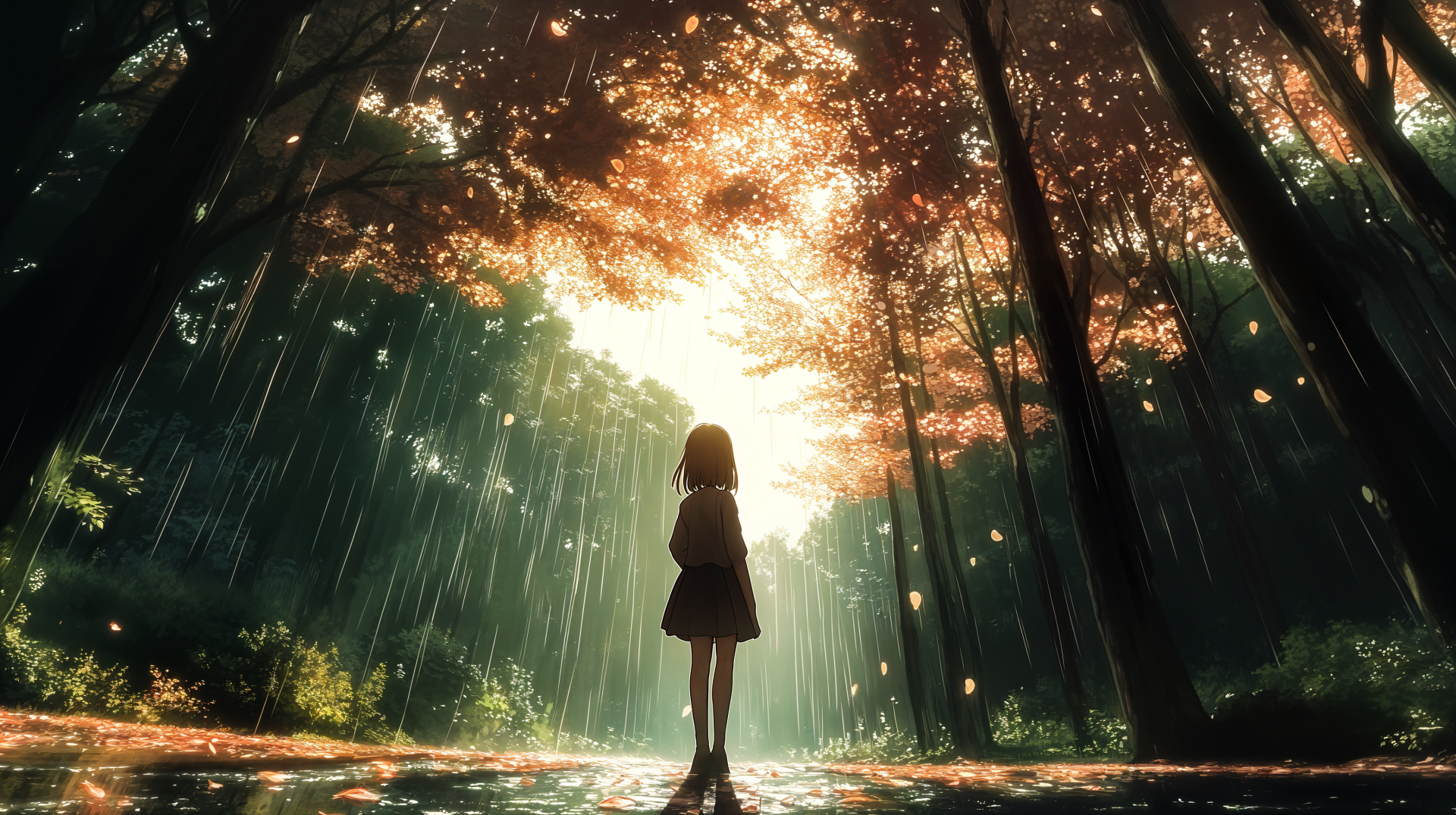 A captivating anime scene features a girl standing in a vibrant forest, illuminated by golden sunlight filtering through the trees, creating a serene and enchanting atmosphere.