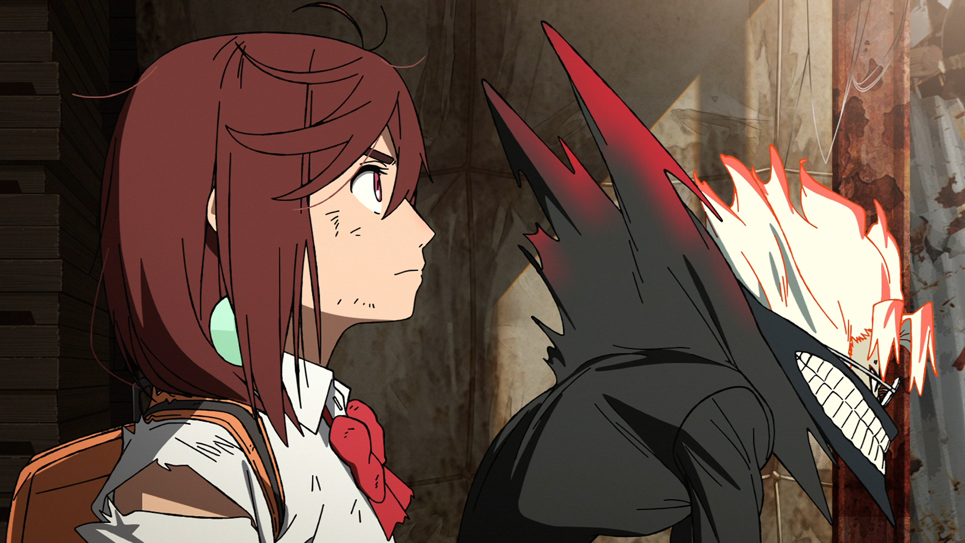 HD anime wallpaper featuring Momo Ayase and a menacing figure from Dandadan, styled with Ken Takakura-inspired elements, set against a gritty urban backdrop.