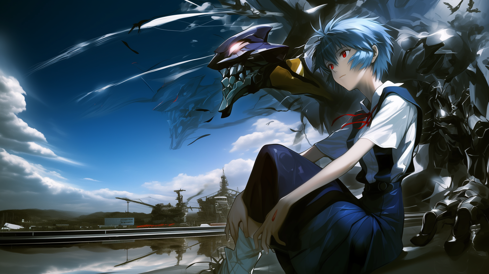 A stunning HD wallpaper featuring Rei Ayanami from Neon Genesis Evangelion, portraying her serene expression against a dramatic background of machinery and a vivid sky.