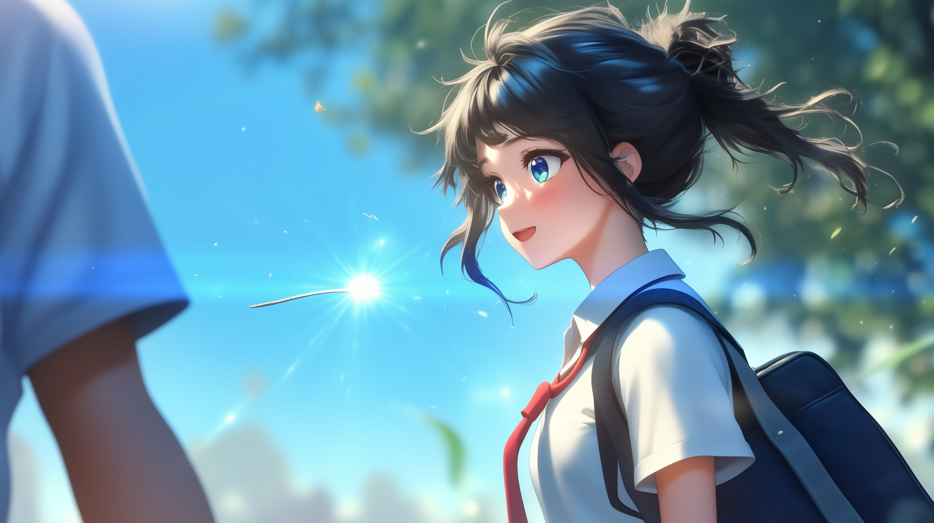 A vibrant HD wallpaper featuring Mitsuha Miyamizu from the anime Your Name. She smiles, surrounded by a bright, airy background with sparkling sunlight.