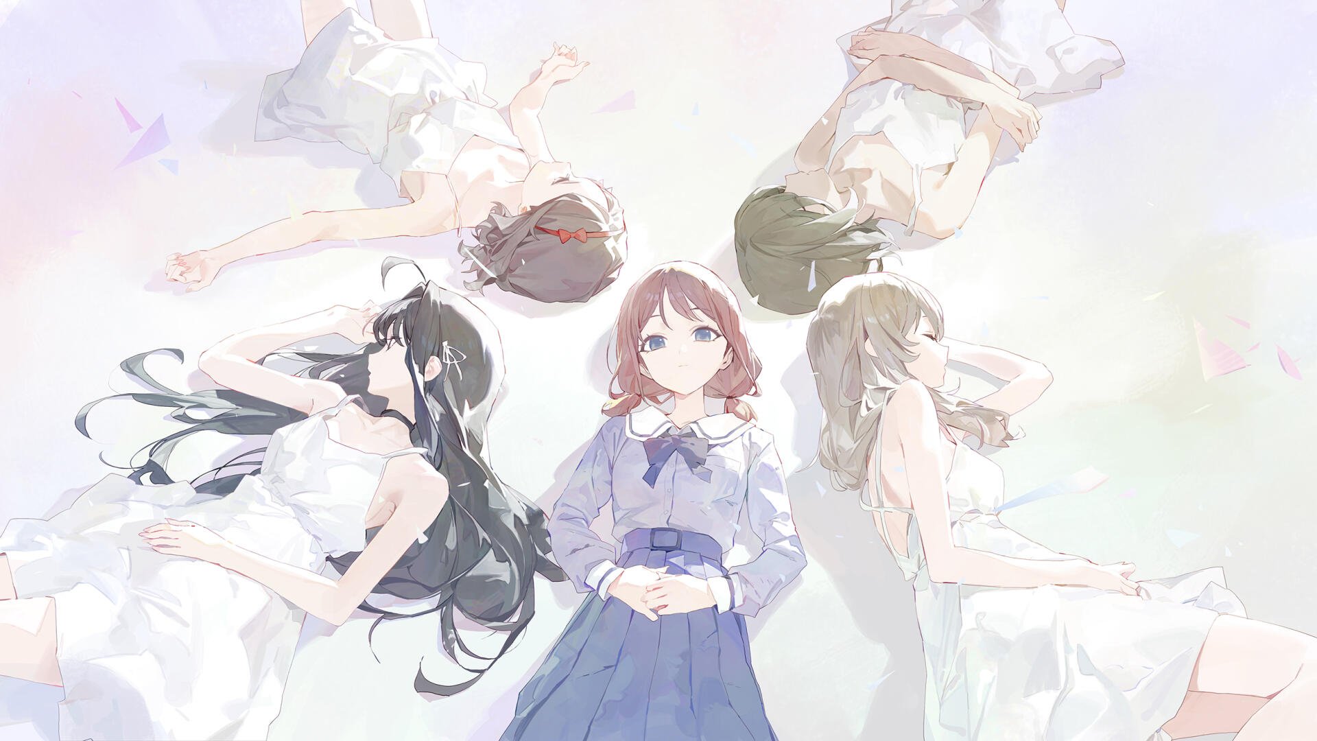 Anime-style HD PC desktop wallpaper featuring characters from Girls Band Cry in a soft, pastel-toned composition with a dreamy atmosphere.