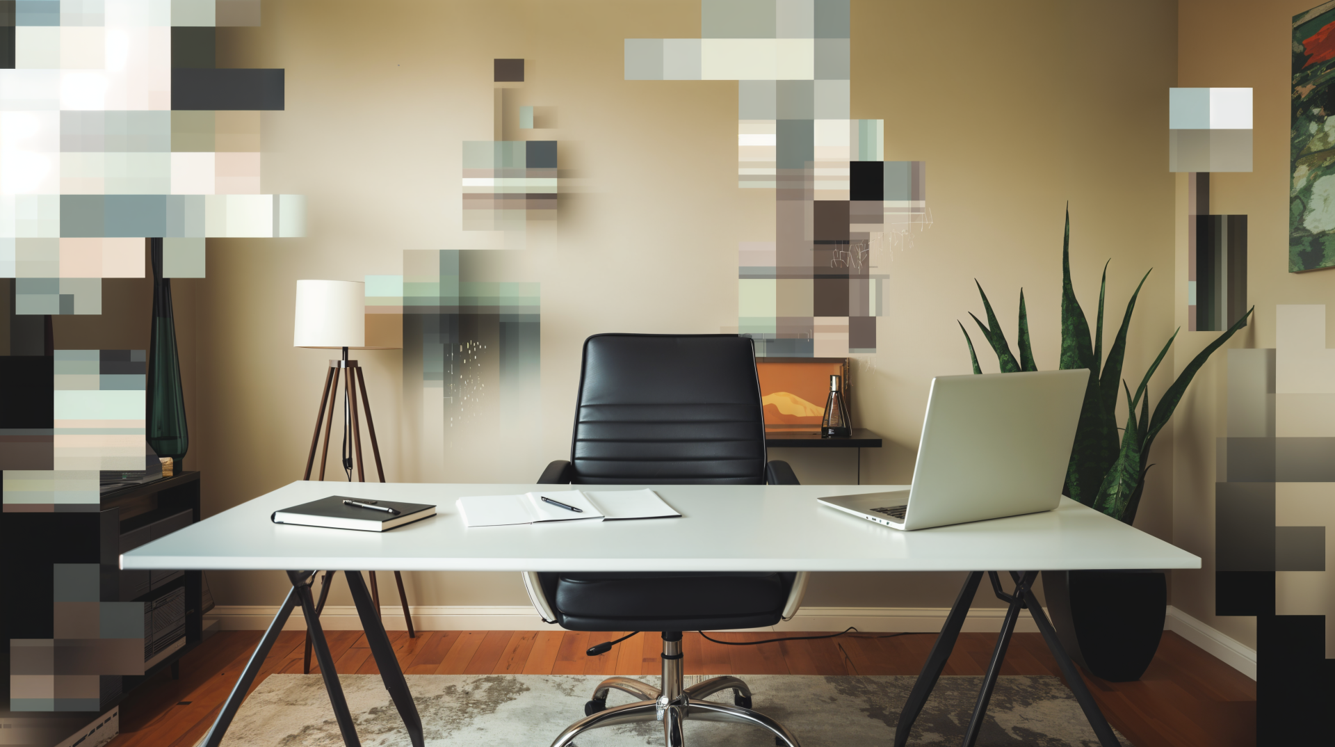 A modern home office scene featuring a sleek desk, ergonomic chair, laptop, notebooks, and a plant, captured in vibrant 4K Ultra HD, perfect for a desktop wallpaper or background.