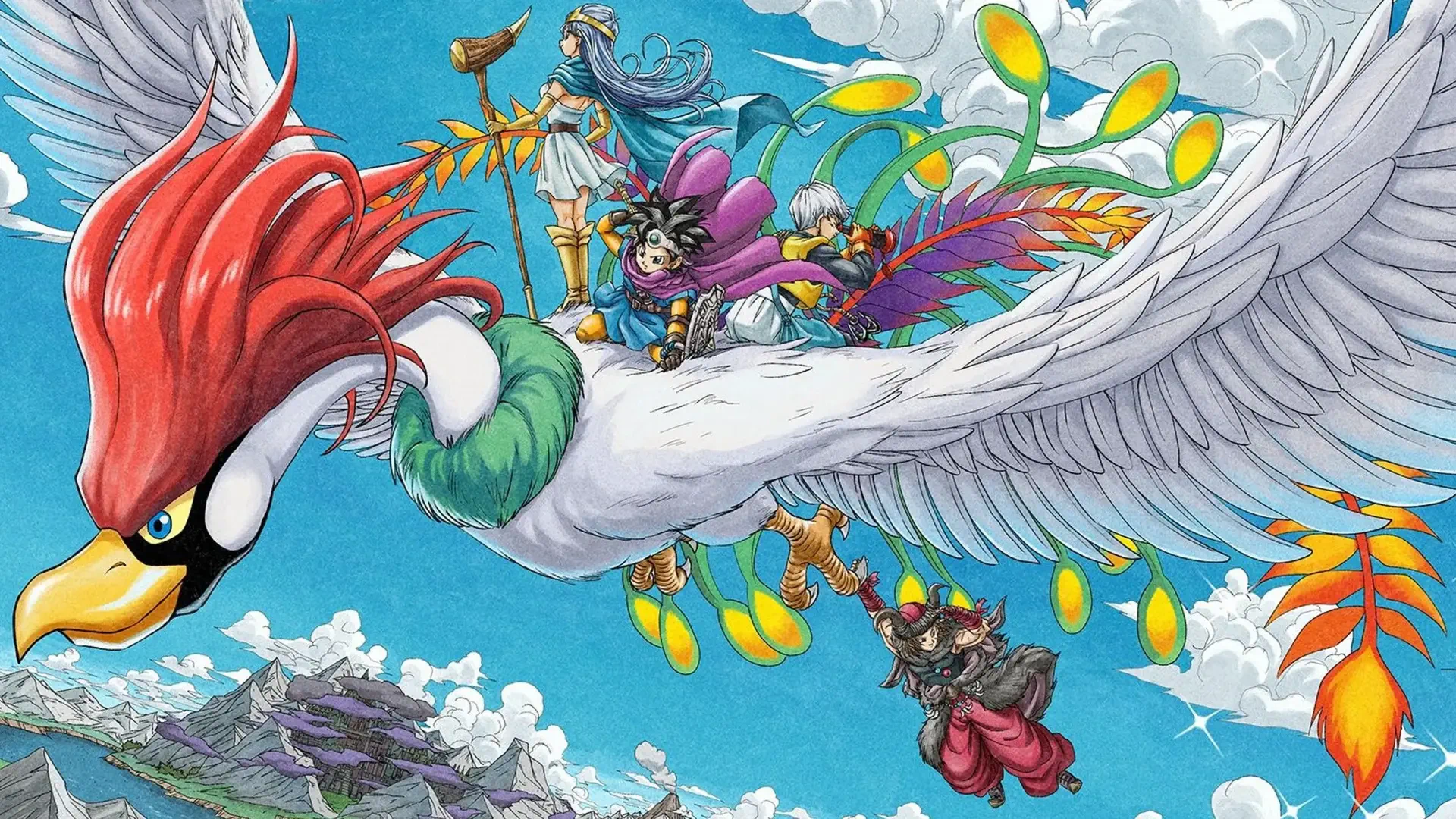 4K Ultra HD PC wallpaper featuring a vibrant scene from the video game DRAGON QUEST III HD-2D Remake, showing characters riding a large, colorful bird in a bright sky.