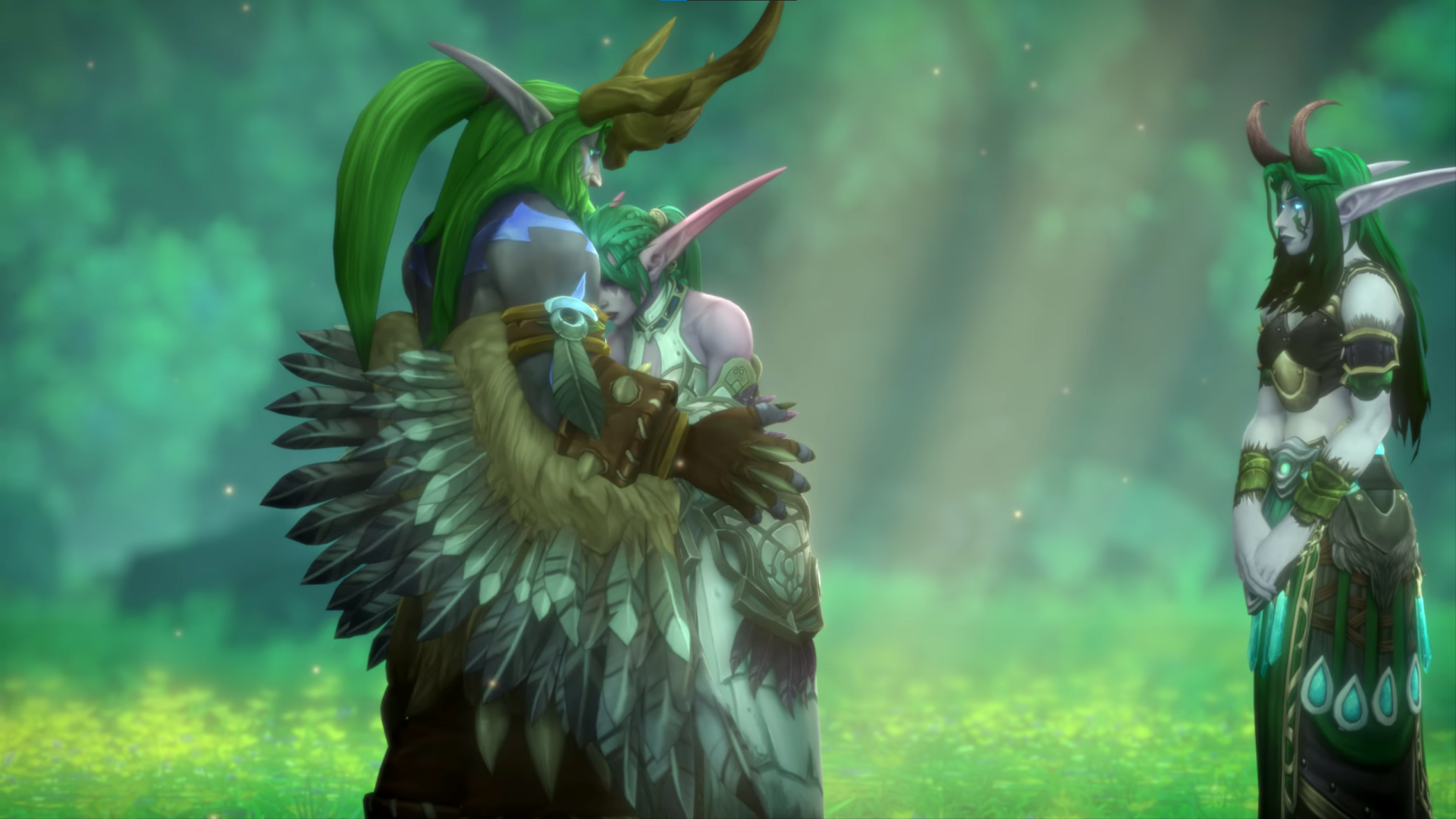 Malfurion Stormrage stands in a lush, vibrant setting from the video game World of Warcraft: The War Within, surrounded by ethereal light and nature. HD PC desktop wallpaper background.