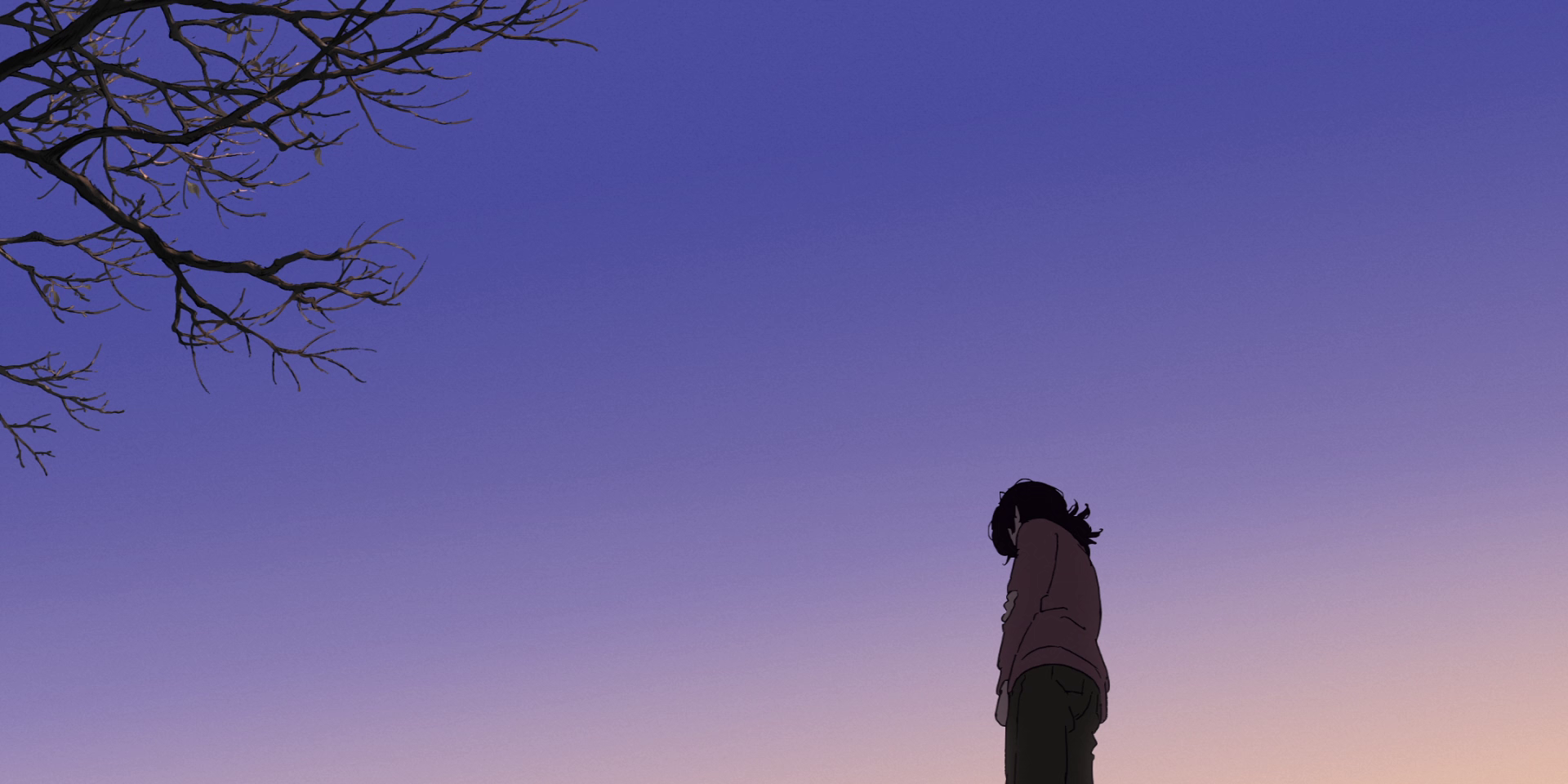 HD anime desktop wallpaper from Look Back, featuring a solitary character standing under a serene twilight sky with tree branches in the corner.