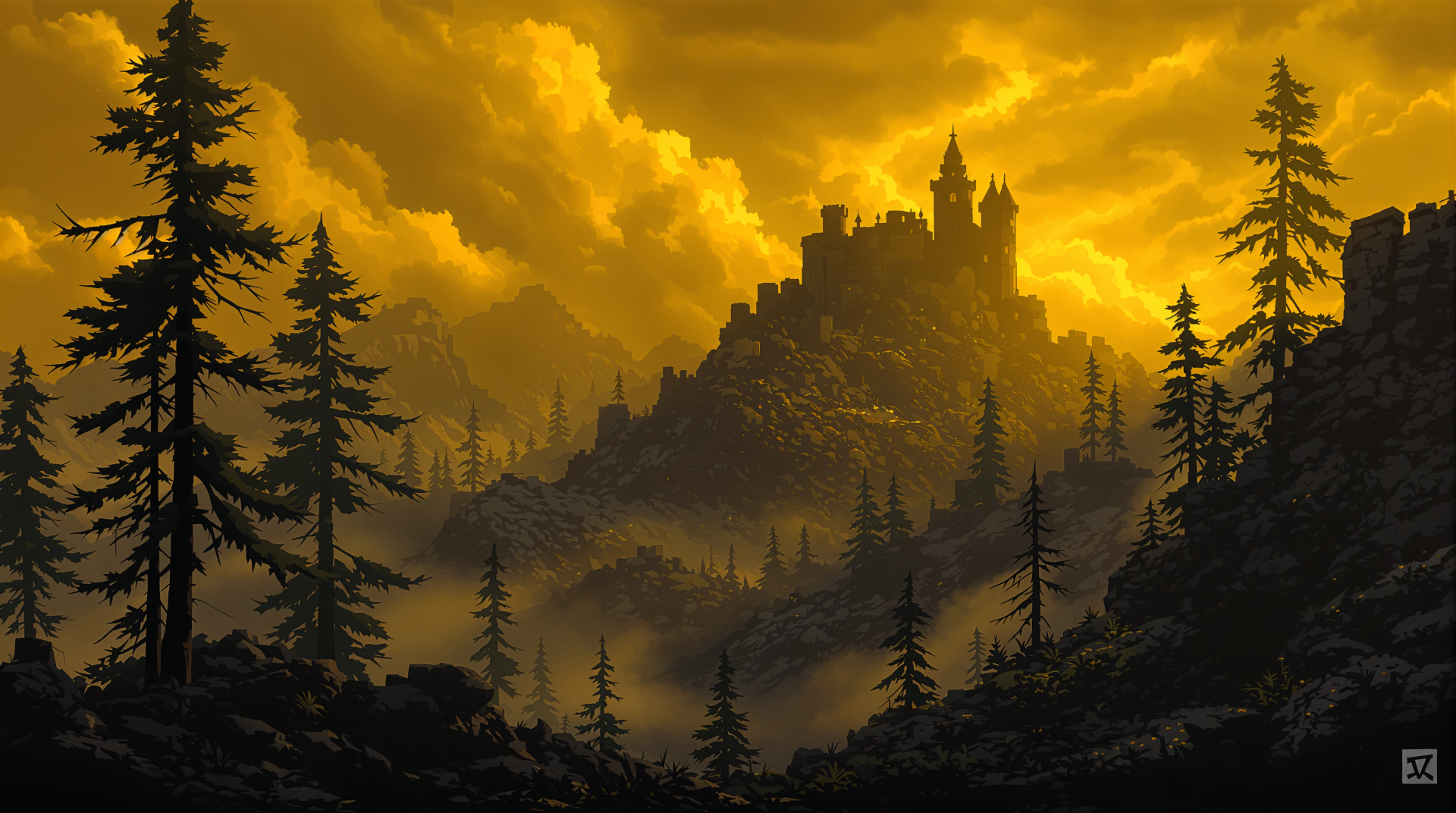 A stunning 4K Ultra HD desktop wallpaper featuring a silhouette of a castle against a dramatic golden sky, surrounded by dense trees and misty mountains.