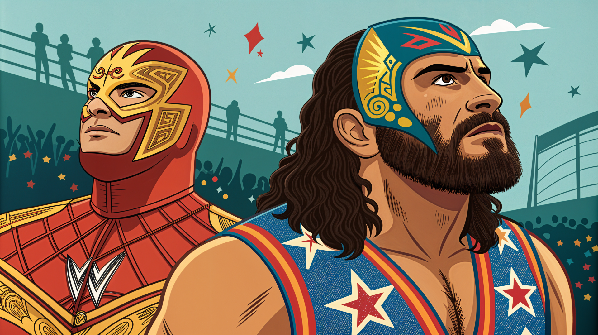 Colorful WWE-themed illustration featuring two masked wrestlers, one in red and gold and the other in blue and stars, set against a vibrant crowd backdrop. 4K Ultra HD desktop wallpaper.