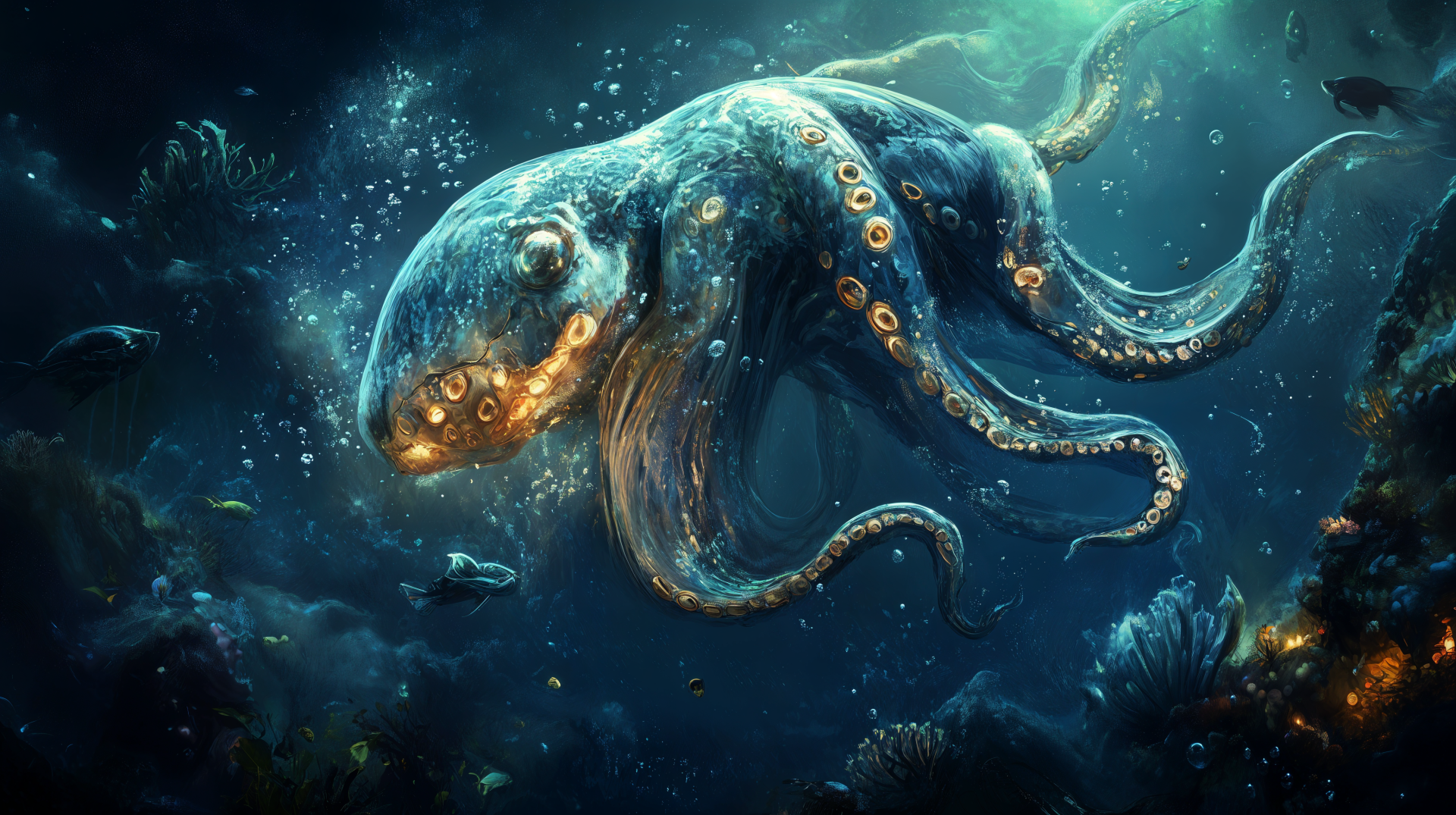 A stunning deep sea creature, featuring a luminescent octopus surrounded by bubbles and marine life, rendered in vibrant detail for a captivating 4K Ultra HD desktop wallpaper.