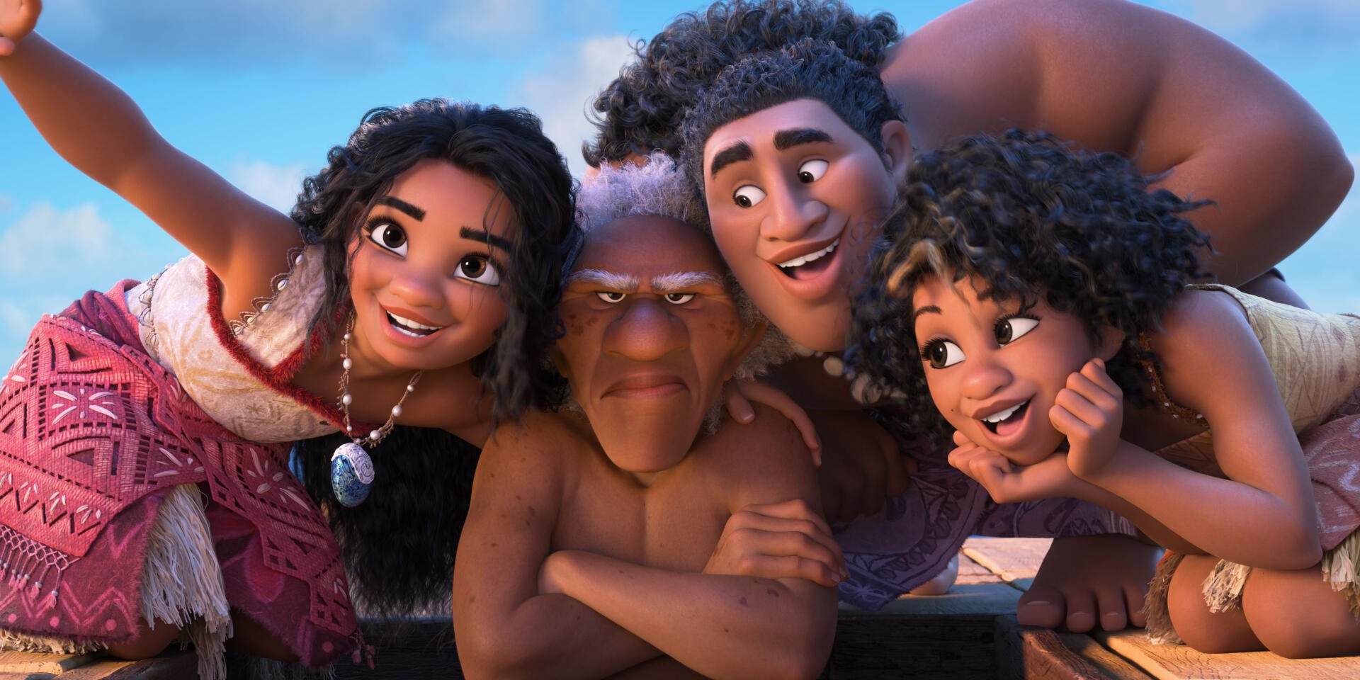 A vibrant HD wallpaper featuring characters from Moana 2, including Moana Waialiki, enjoying a joyful moment with friends, showcasing their adventurous spirit and camaraderie.