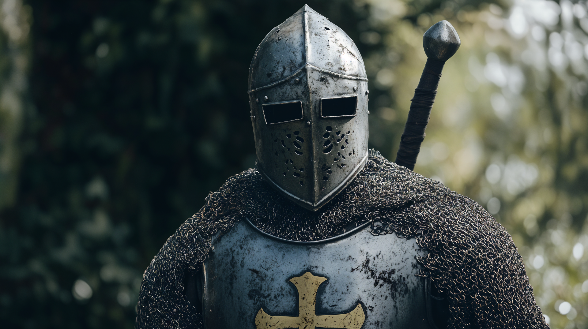 A medieval knight in full armor stands confidently, showcasing intricate chainmail and a distinctive emblem. This striking image serves as a vibrant 4K Ultra HD desktop wallpaper.