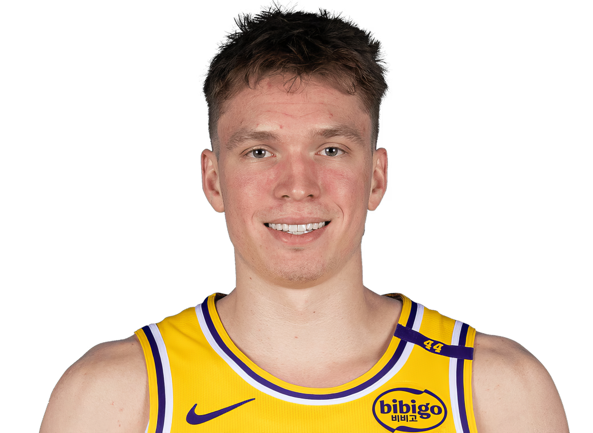 Portrait of Dalton Knecht in a Los Angeles Lakers NBA jersey, featured as a high-definition sports desktop wallpaper and background.