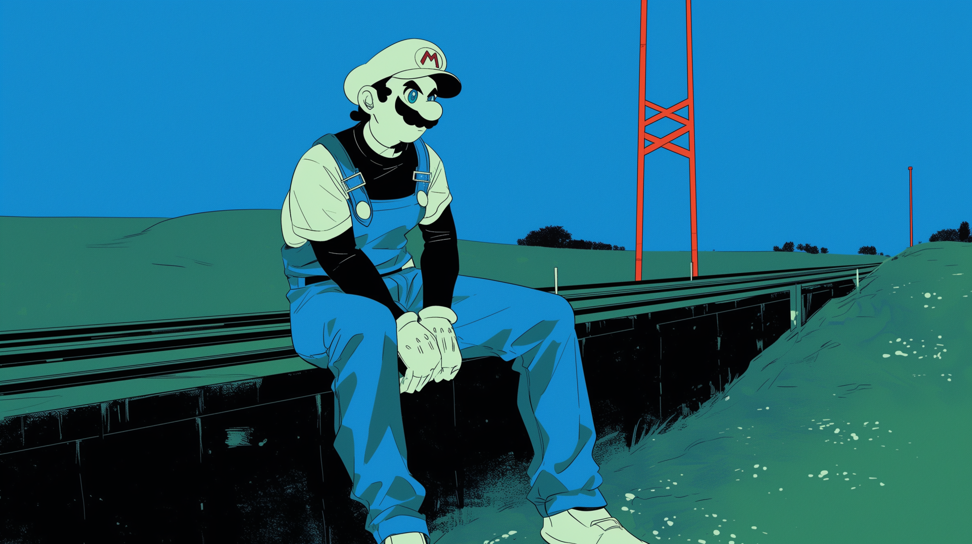 HD PC desktop wallpaper featuring a stylized Mario from the video game series, seated thoughtfully against a minimalist blue and green background.