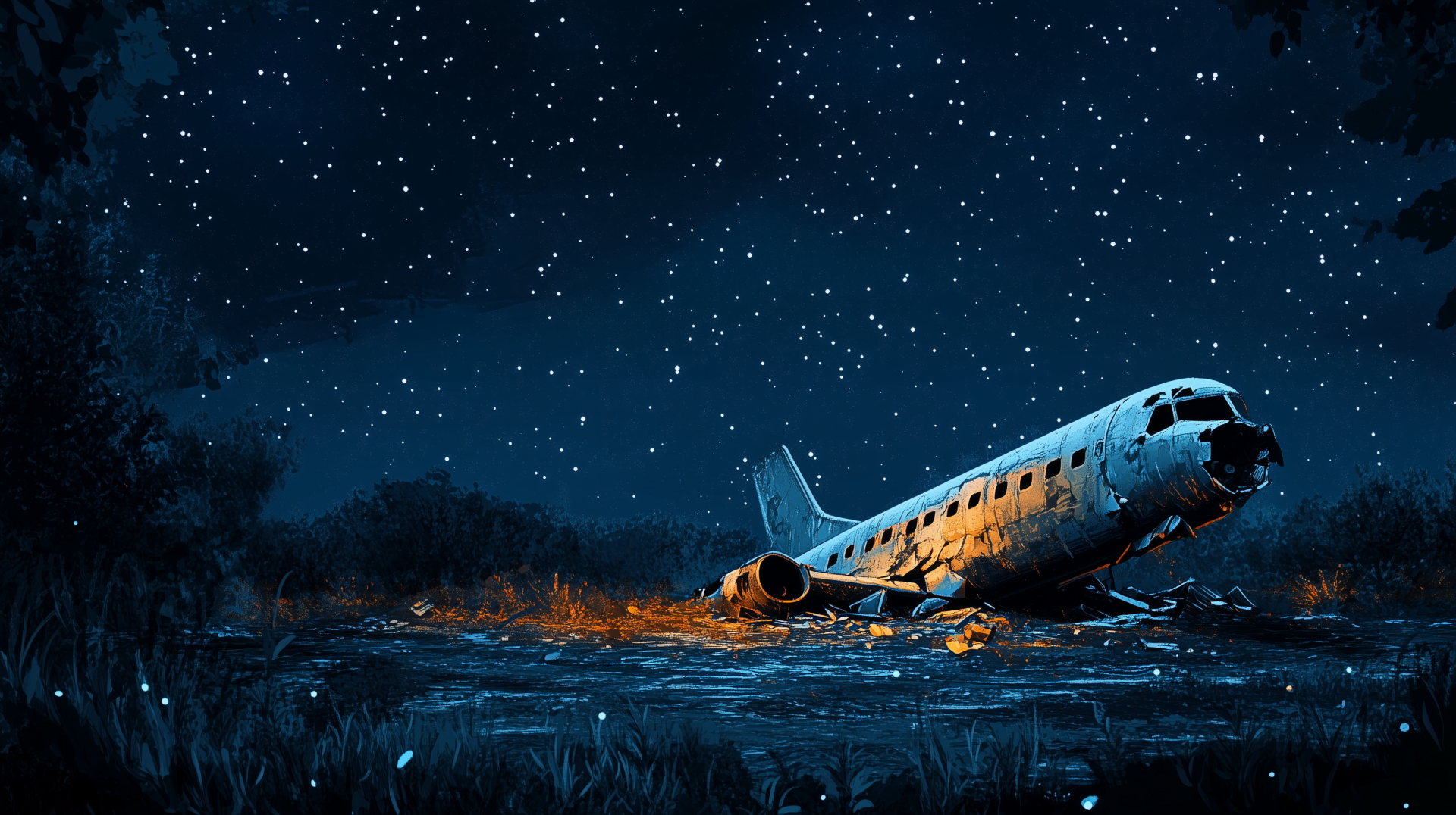 A haunting night sky filled with stars looms over a crashed airplane, creating a dramatic scene for an HD desktop wallpaper.