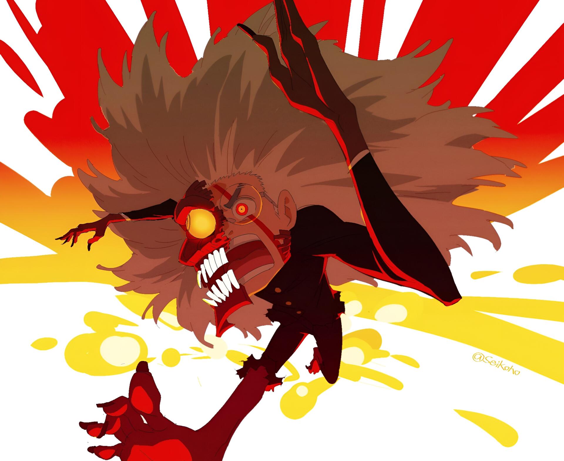 High-energy Dandadan anime wallpaper: monstrous grinning character with wild hair, glowing eye and red-yellow explosive background — 2K Quad HD PC desktop background.