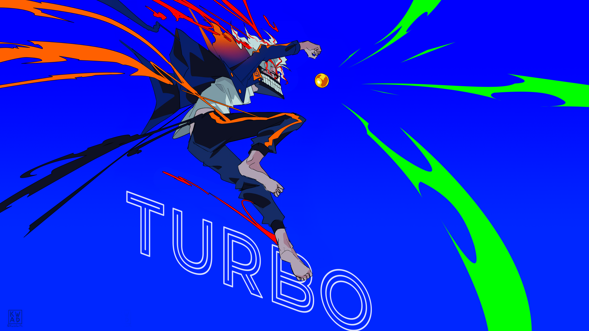 Vibrant 4K Ultra HD anime wallpaper featuring a dynamic character from Dandadan with energetic colorful streaks and the word TURBO on a bright blue background.