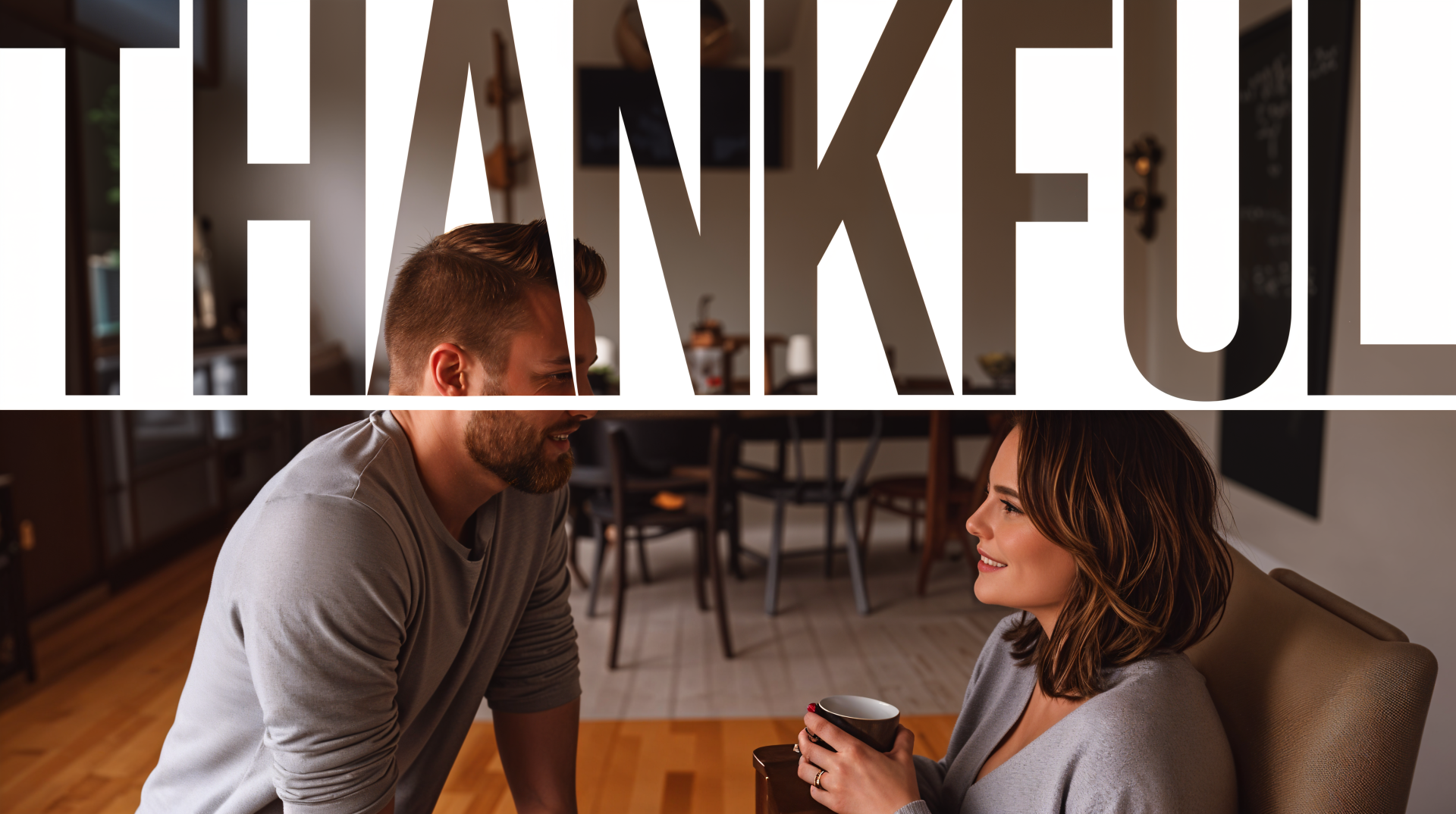 A cozy scene featuring two people engaged in conversation, set against a backdrop that prominently displays the word THANKFUL. This 4K Ultra HD wallpaper captures warmth and gratitude.