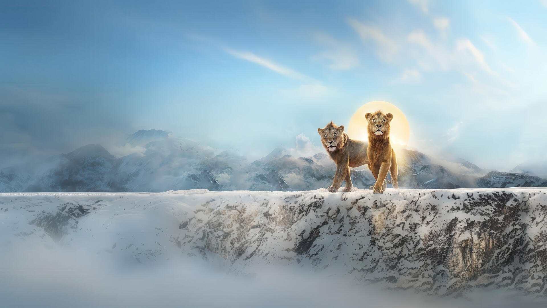 4K Ultra HD desktop wallpaper featuring Mufasa and a cub from The Lion King standing on a cliff edge with a misty landscape and soft sunlight in the background.