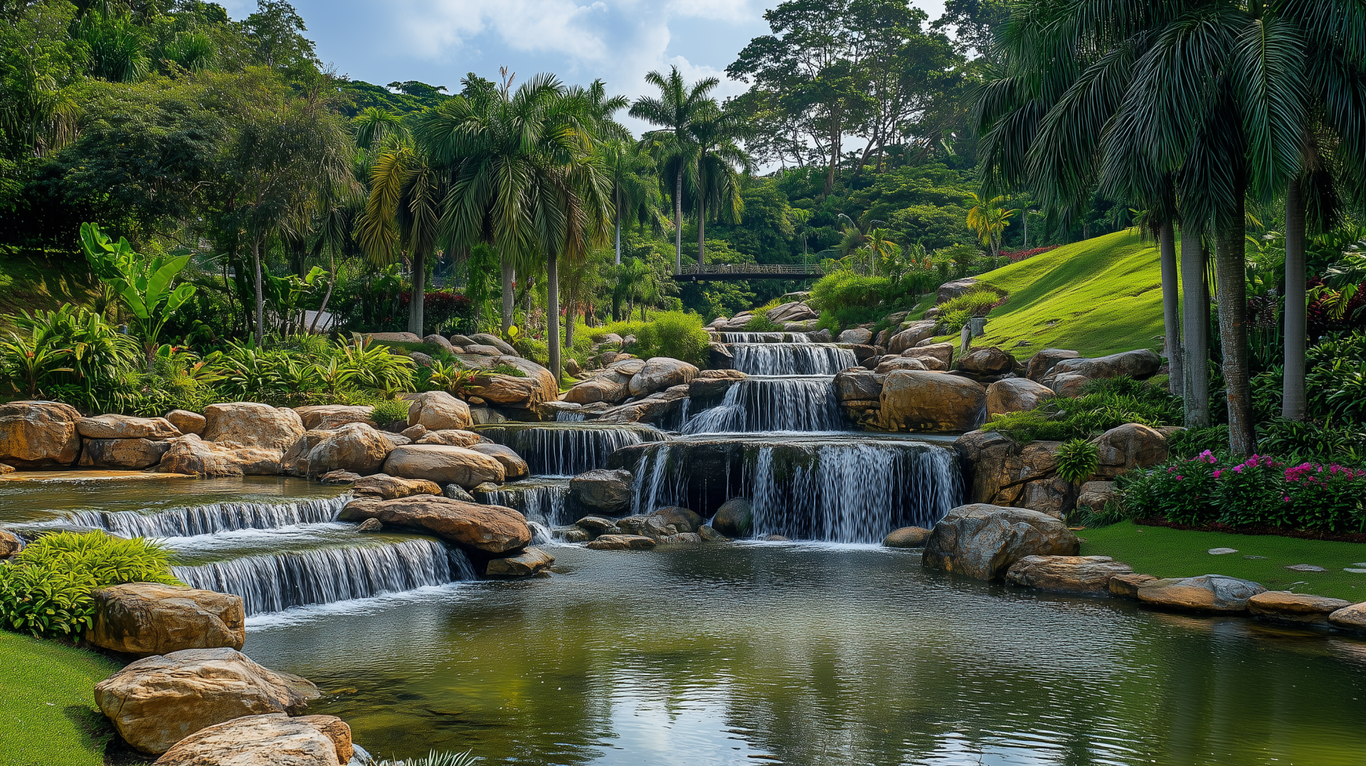 HD PC desktop wallpaper showing a tropical nature scene with a cascading creek surrounded by palm trees and lush grass.
