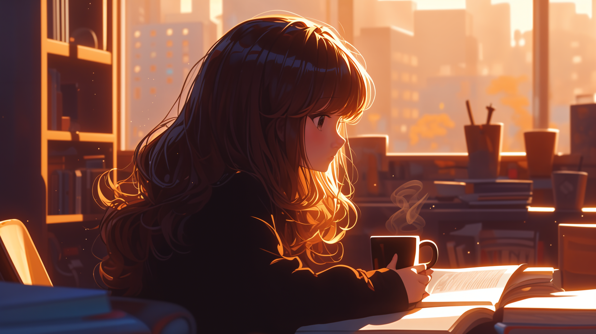 An anime girl enjoys a moment of reflection while studying, holding a warm cup in a cozy room bathed in golden afternoon light. A serene lofi vibe complements this 4K Ultra HD wallpaper.