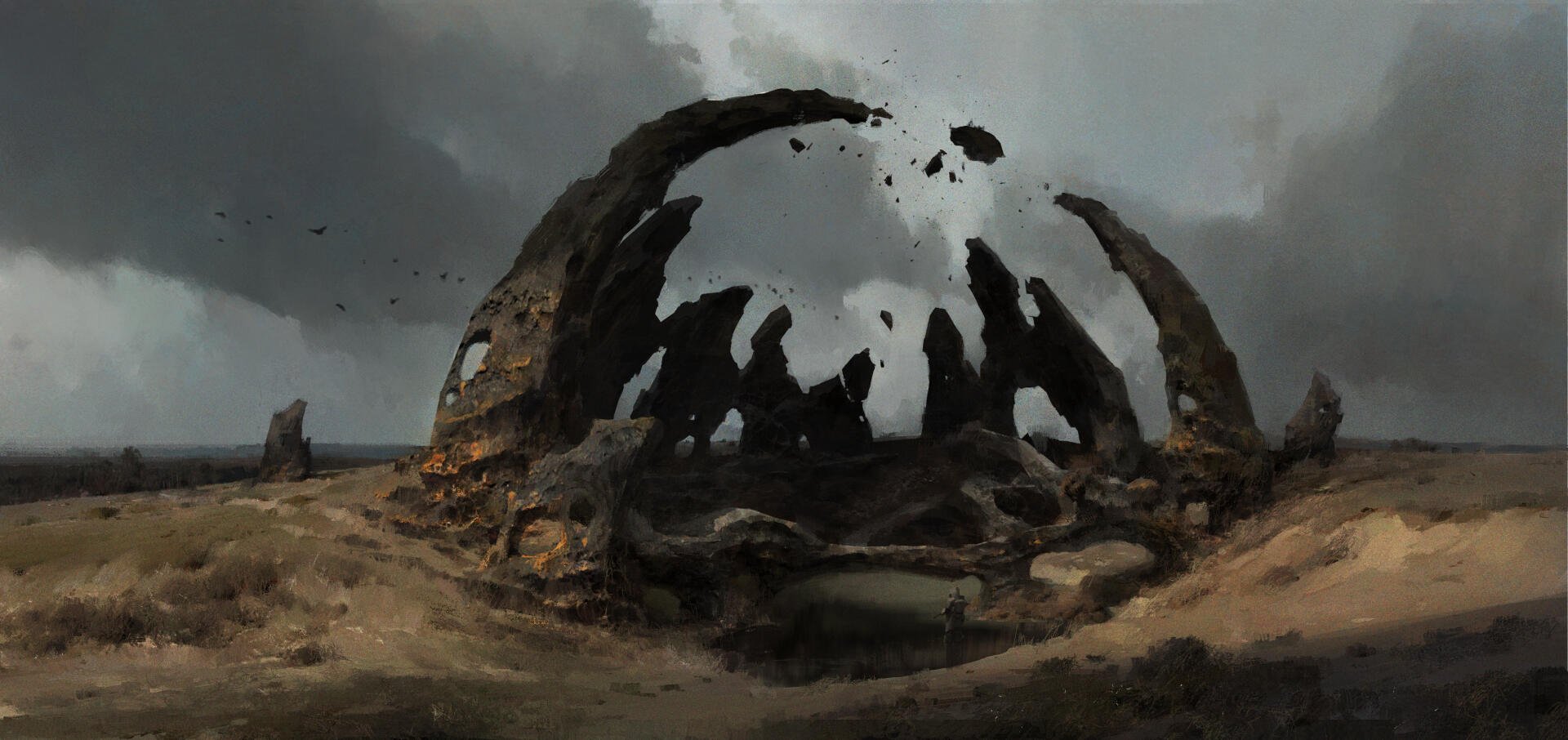 A striking 4K Ultra HD wallpaper from the video game S.T.A.L.K.E.R. 2: Heart of Chernobyl, showcasing a haunting landscape with towering rock formations against an ominous sky.