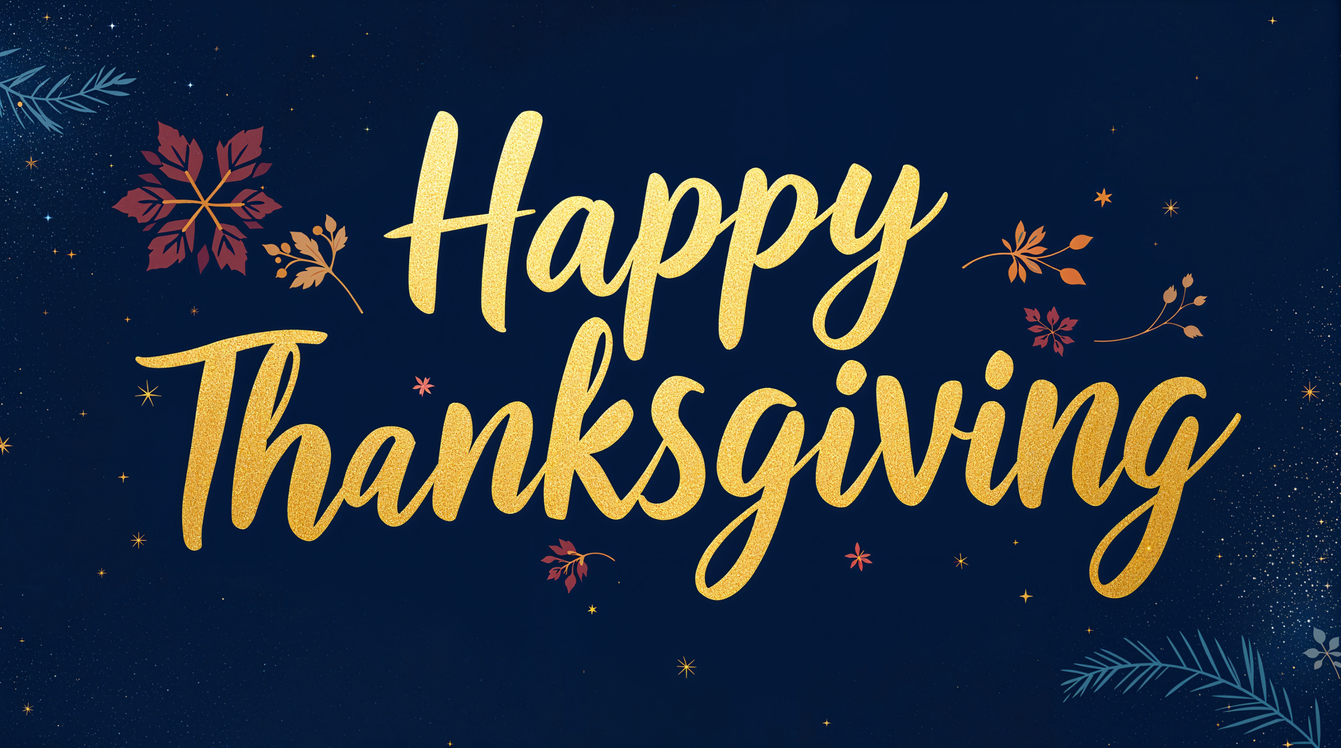 A vibrant 4K Ultra HD wallpaper featuring Happy Thanksgiving in elegant gold text surrounded by autumn leaves and floral elements, celebrating the spirit of the holiday.
