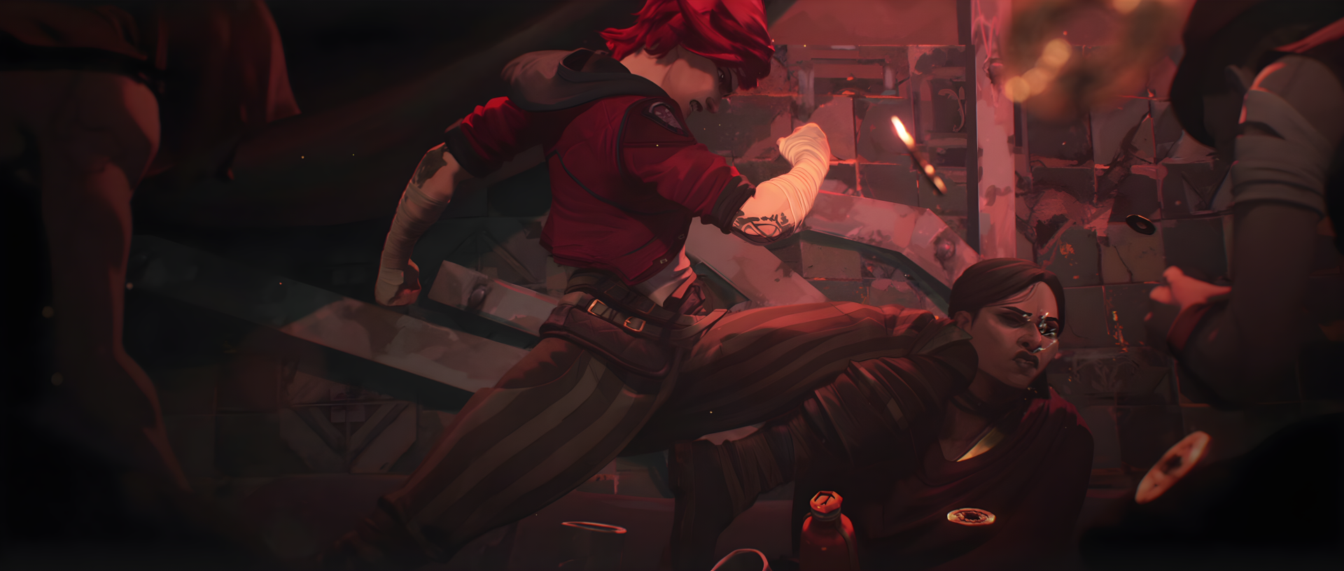 A dynamic scene from the TV show Arcane, featuring Sevika and Vi from League of Legends, captured in stunning 4K Ultra HD detail, showcasing their intense confrontation.