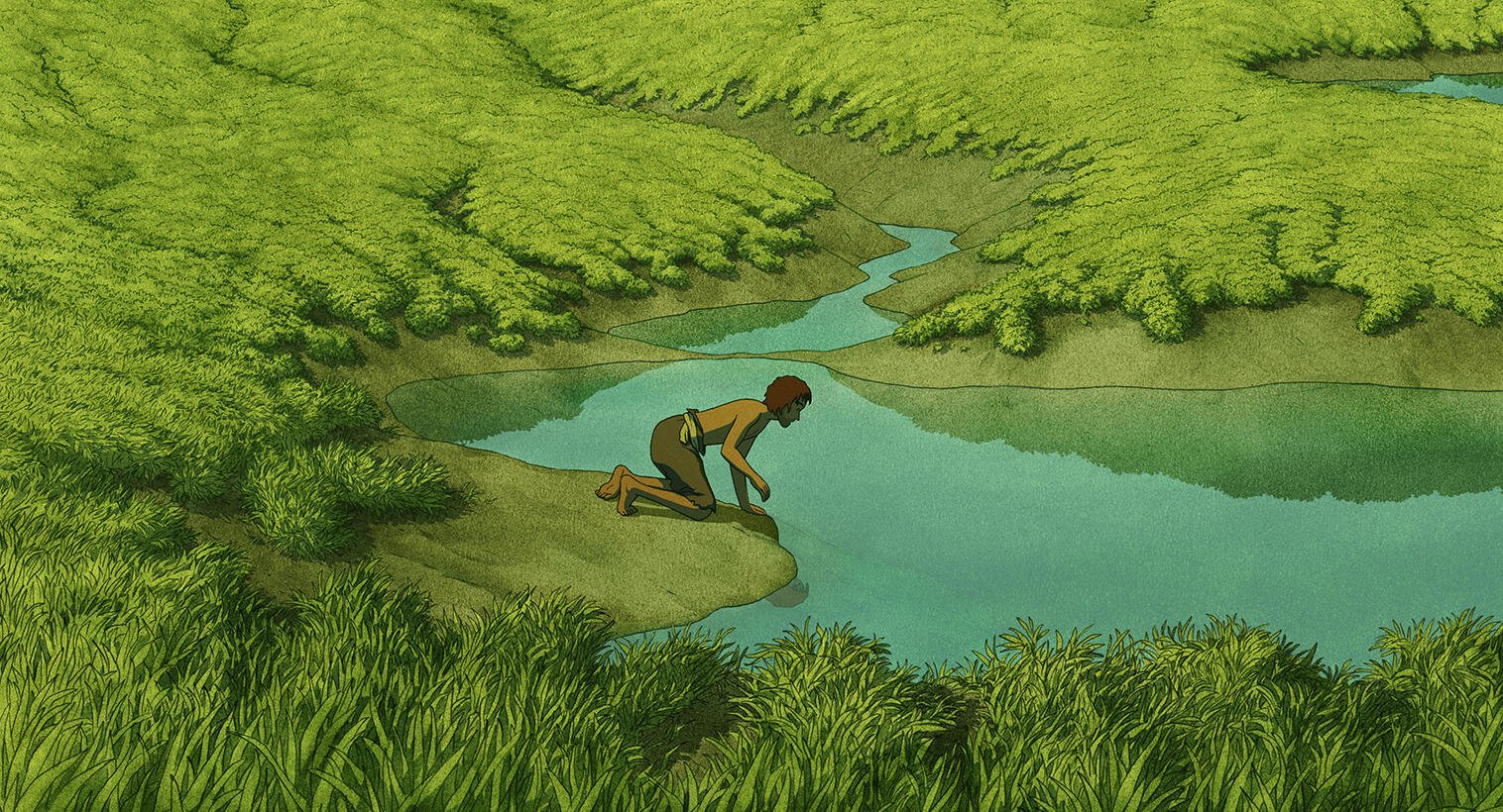 HD desktop wallpaper from the movie The Red Turtle, showing a person crouching by a calm, winding river surrounded by lush green vegetation.