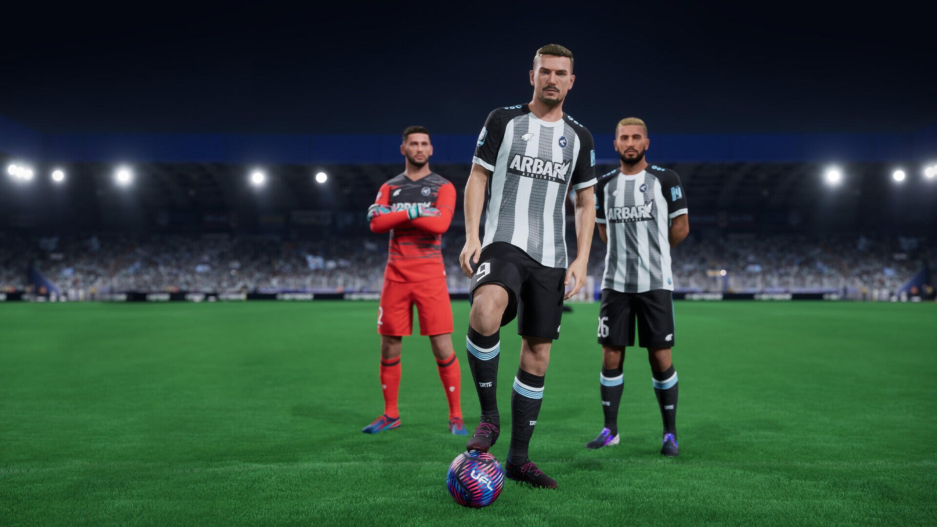 A high-definition PC desktop wallpaper featuring characters from the video game UFL, showcasing a lineup of players in a stadium under dramatic lighting.