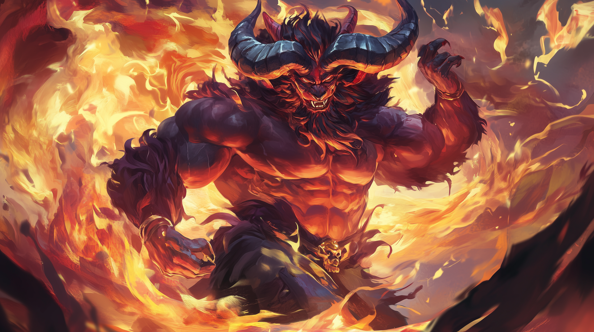 HD PC desktop wallpaper of a fierce Ifrit creature surrounded by blazing flames, showcasing its muscular build and intimidating horns in a fiery, dynamic scene.