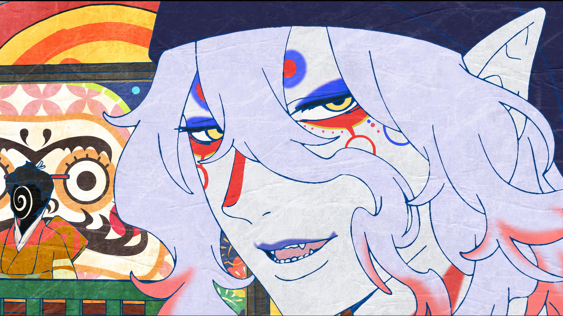 A vibrant HD wallpaper featuring a character from Mononoke The Movie: Phantom In The Rain, showcasing colorful designs and intricate facial features against a dynamic background.