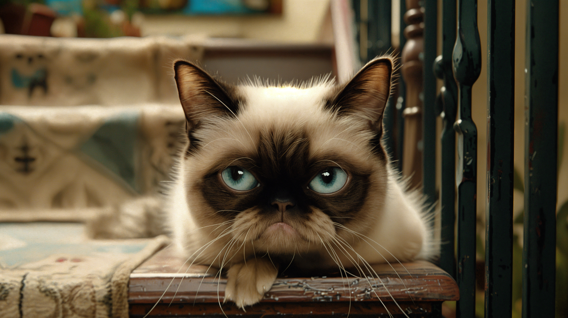 A grumpy cat rests its chin on a wooden step, showcasing its signature frown and striking blue eyes, set against a cozy interior background. A captivating 4K Ultra HD wallpaper.
