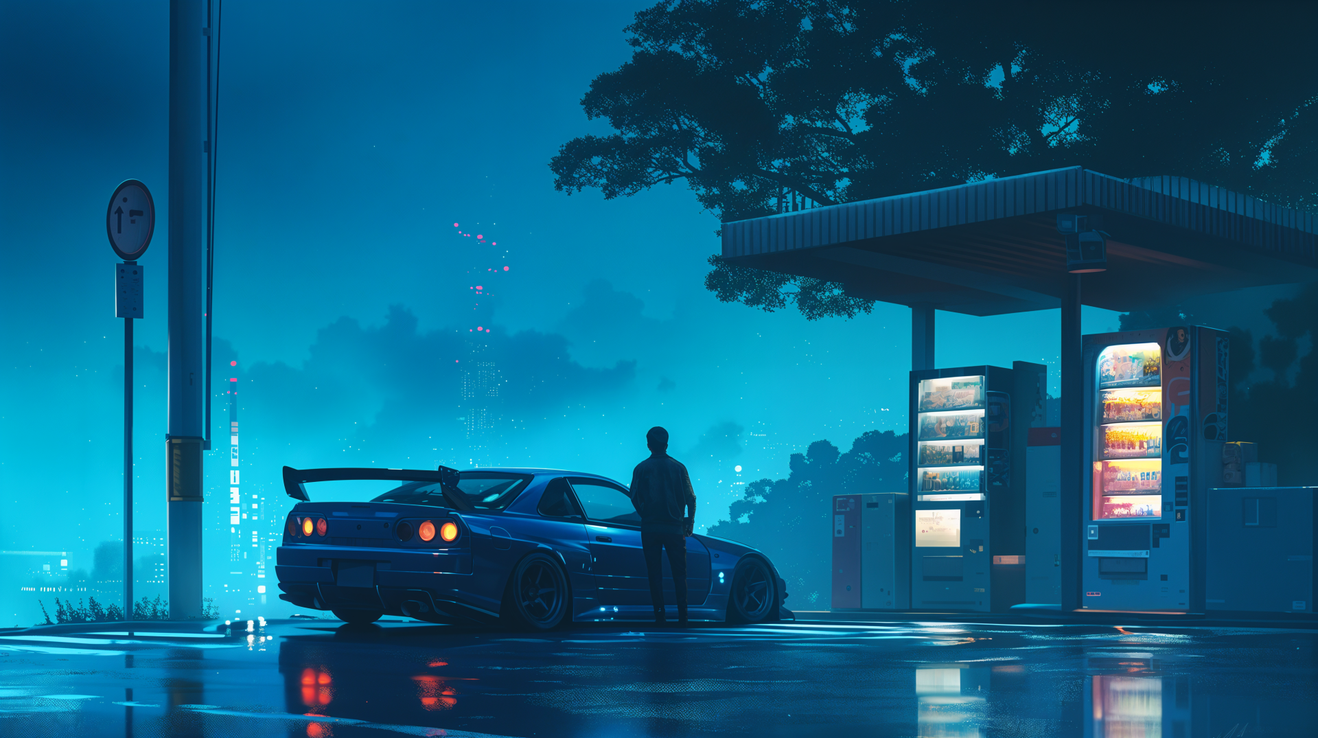 A striking 4K Ultra HD wallpaper featuring a JDM anime car parked at a desolate gas station, illuminated by a moody blue ambiance and rain-soaked reflections.
