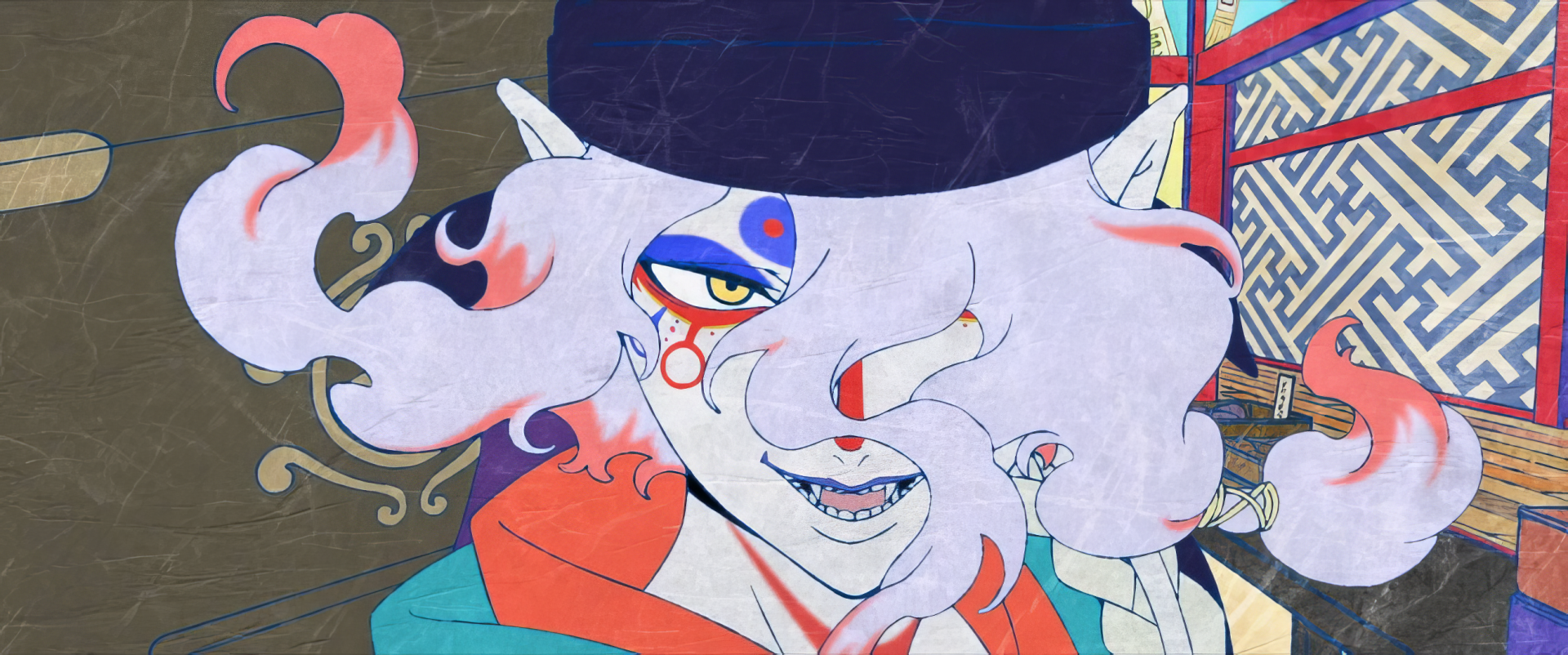 HD desktop wallpaper featuring a character from Mononoke: The Movie - Phantom in the Rain, showcasing vibrant colors and intricate details in an animated style.
