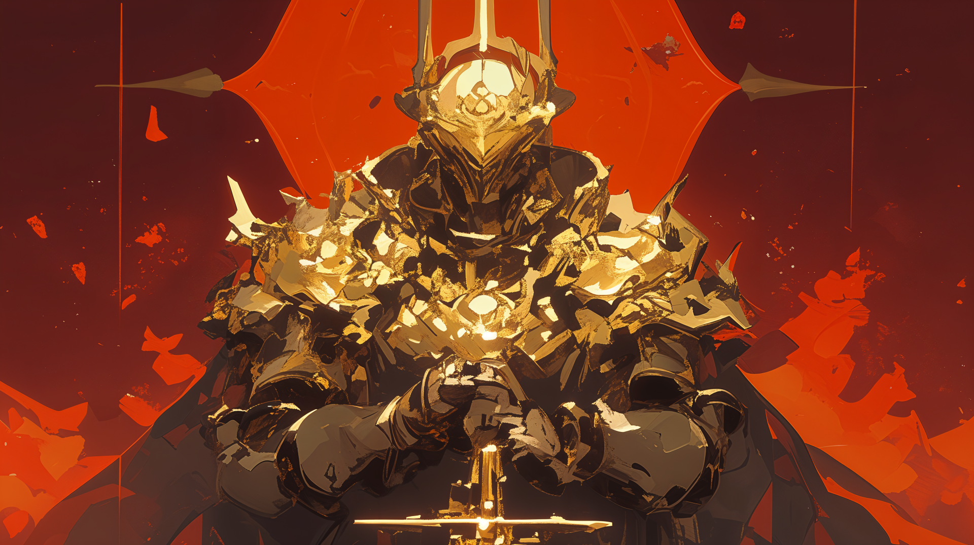 A majestic king in ornate golden armor stands confidently with a sword, set against a vibrant red background, creating a striking 4K Ultra HD wallpaper for royalty enthusiasts.