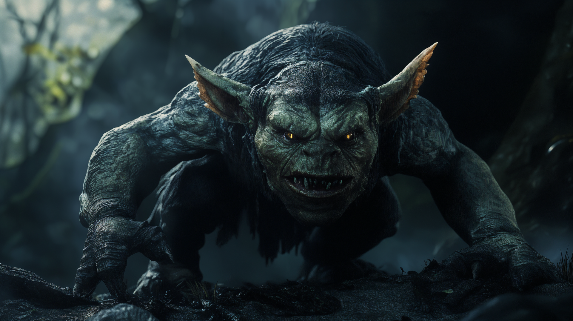 A dark fantasy goblin with glowing eyes crouches menacingly in a shadowy forest, rendered in detailed goblincore style for a 4K Ultra HD PC desktop wallpaper.