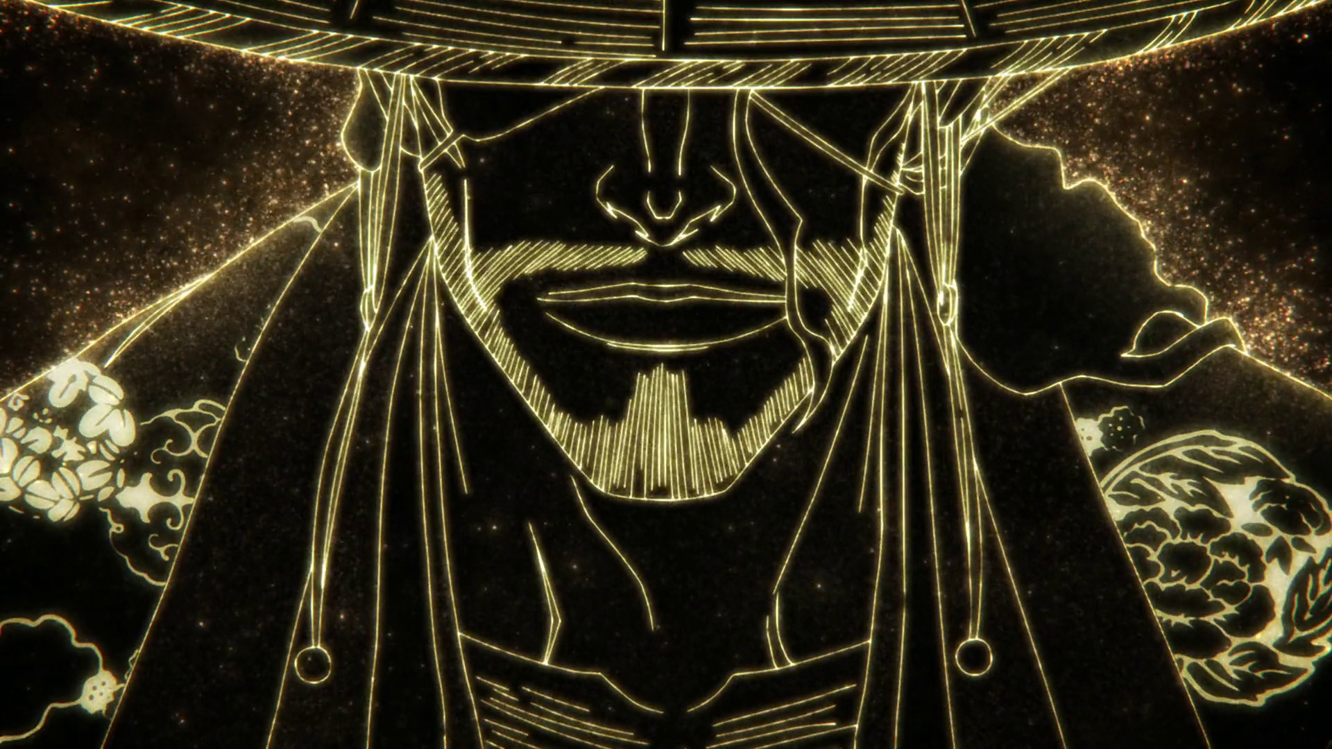 HD PC wallpaper featuring a detailed golden sketch of Shunsui Kyōraku from Bleach: Thousand-Year Blood War against a dark, starry background.