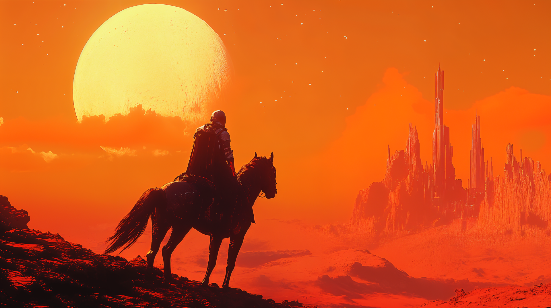 A space knight atop a horse gazes at a large sun setting over a vibrant, alien landscape, evoking a stunning sci-fi experience in this 4K Ultra HD desktop wallpaper.