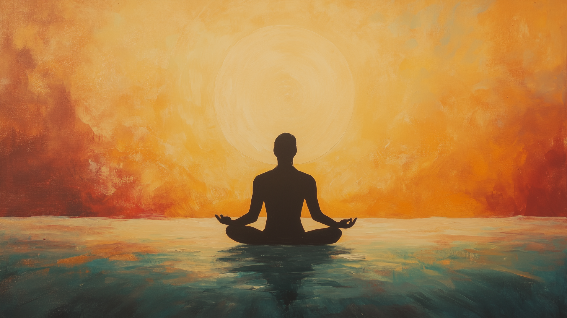 A serene silhouette of a person meditating amid vibrant orange and yellow hues, reflecting on calm water. This HD wallpaper evokes tranquility and inner peace.
