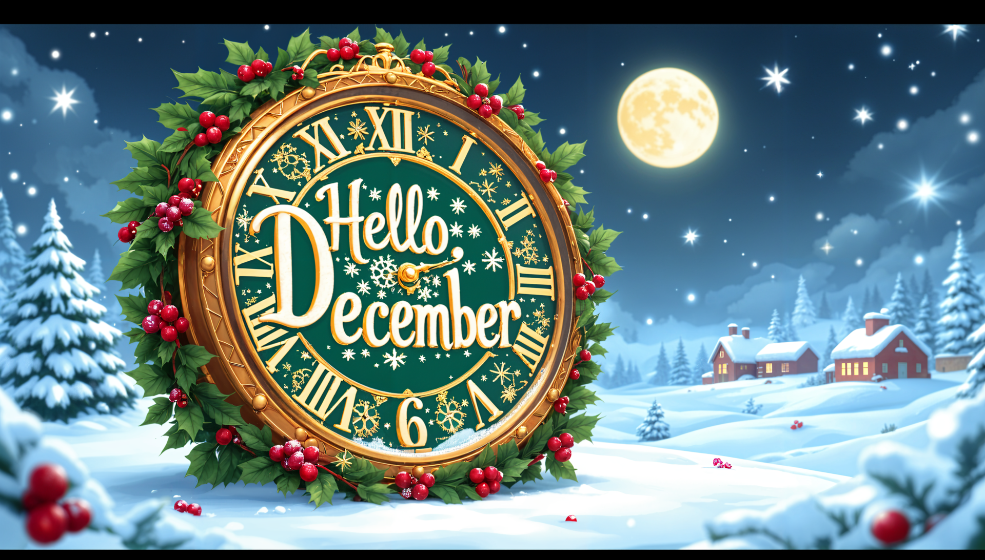 A festive 4K Ultra HD desktop wallpaper featuring a clock adorned with holly, announcing Hello December against a snowy landscape and full moon backdrop.
