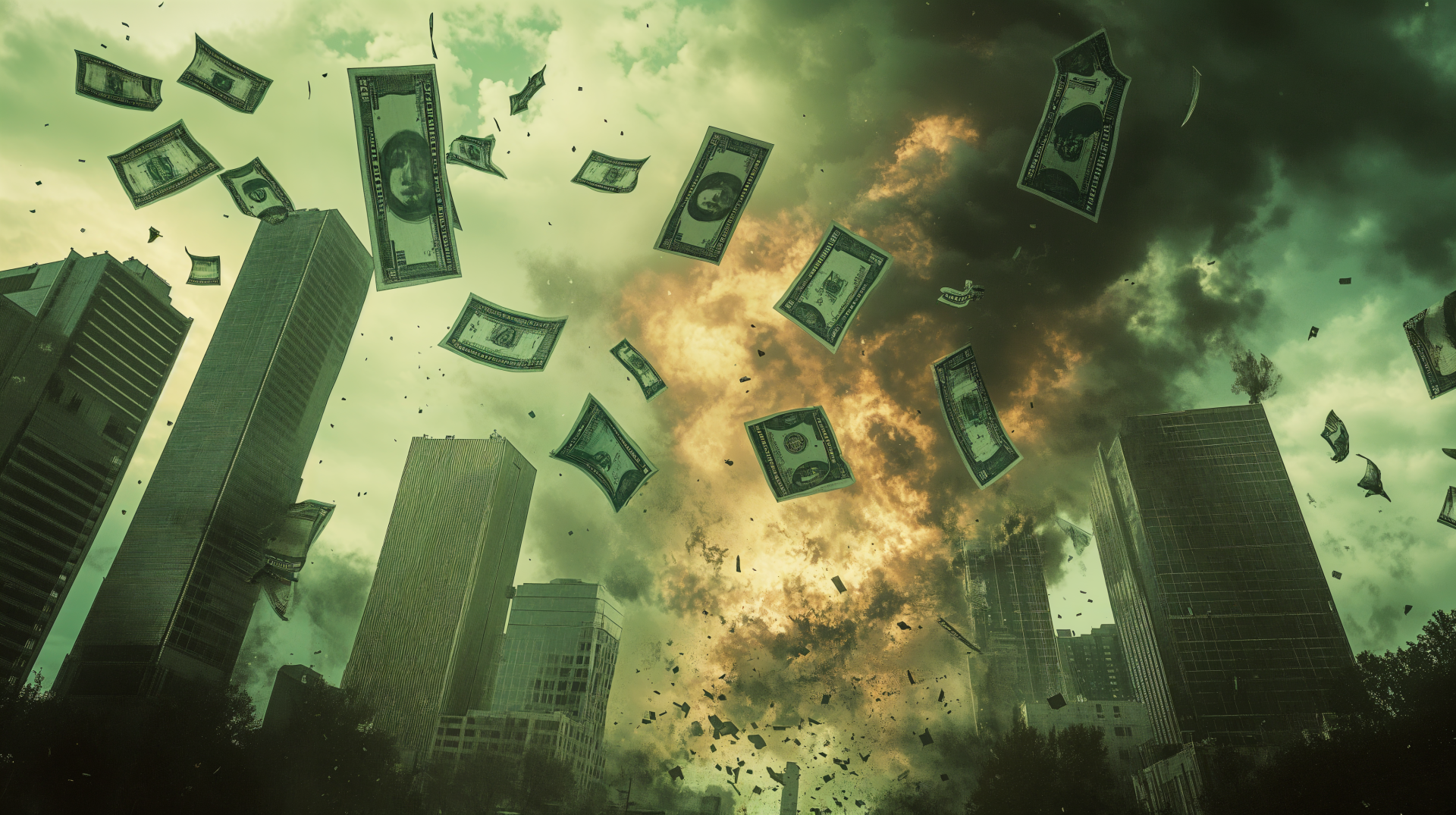 A dramatic scene depicting flying money amidst a fiery explosion, capturing the theme of inflation in a striking 4K Ultra HD wallpaper.